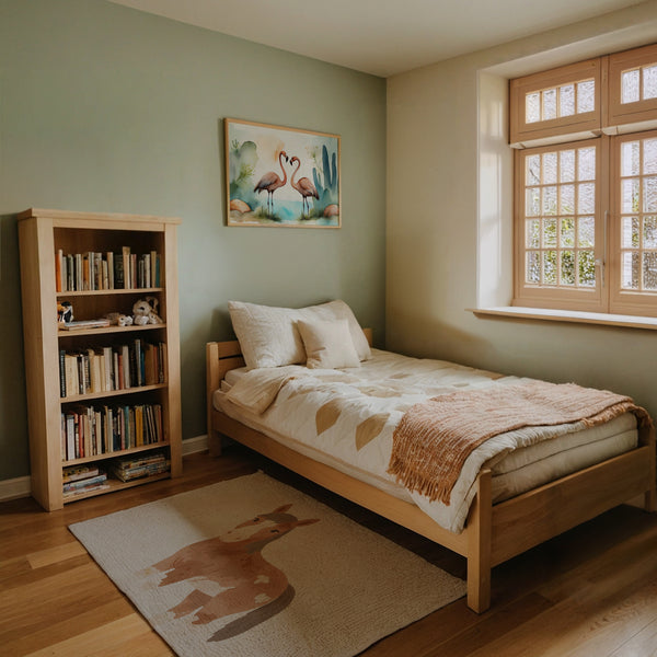 a bed sitting in a bedroom next to a book shelf