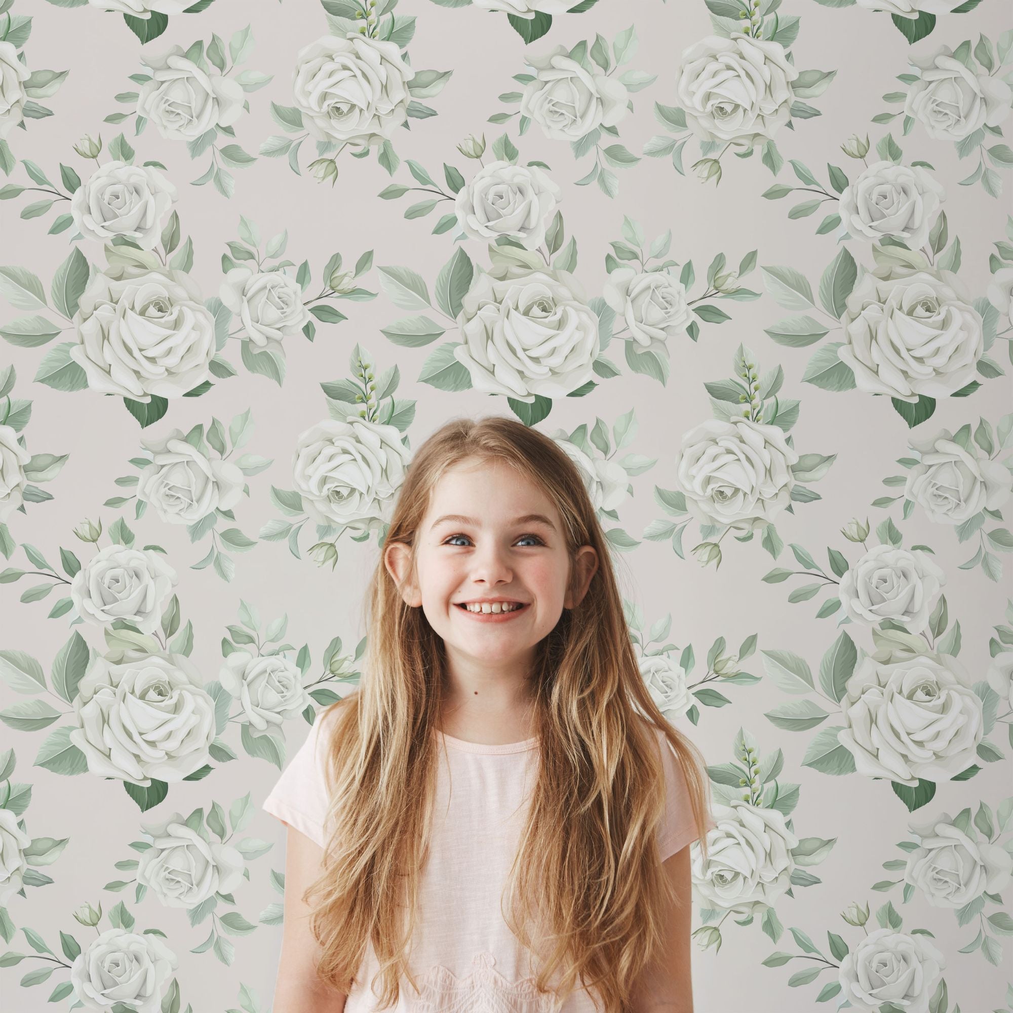 Floral Wallpaper Peel and Stick or Traditional - White Roses