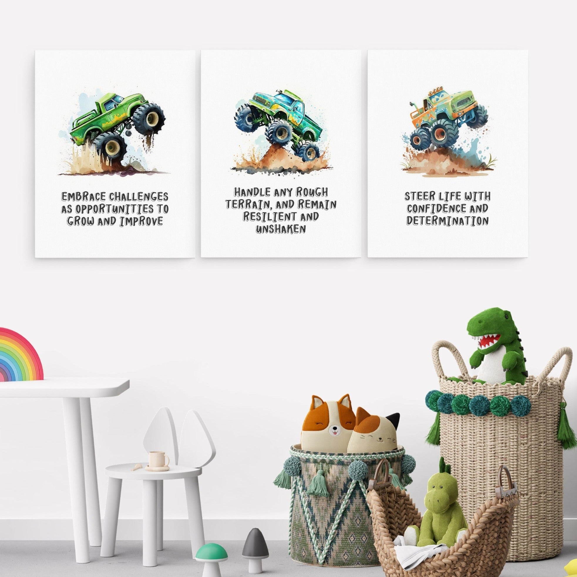 Positive Affirmations 3pcs Monster Truck Wall Art Set