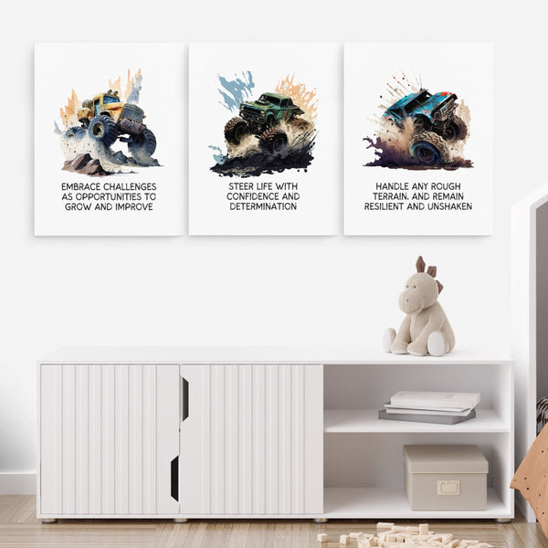 Positive Affirmations 3pcs Monster Truck Wall Art Set