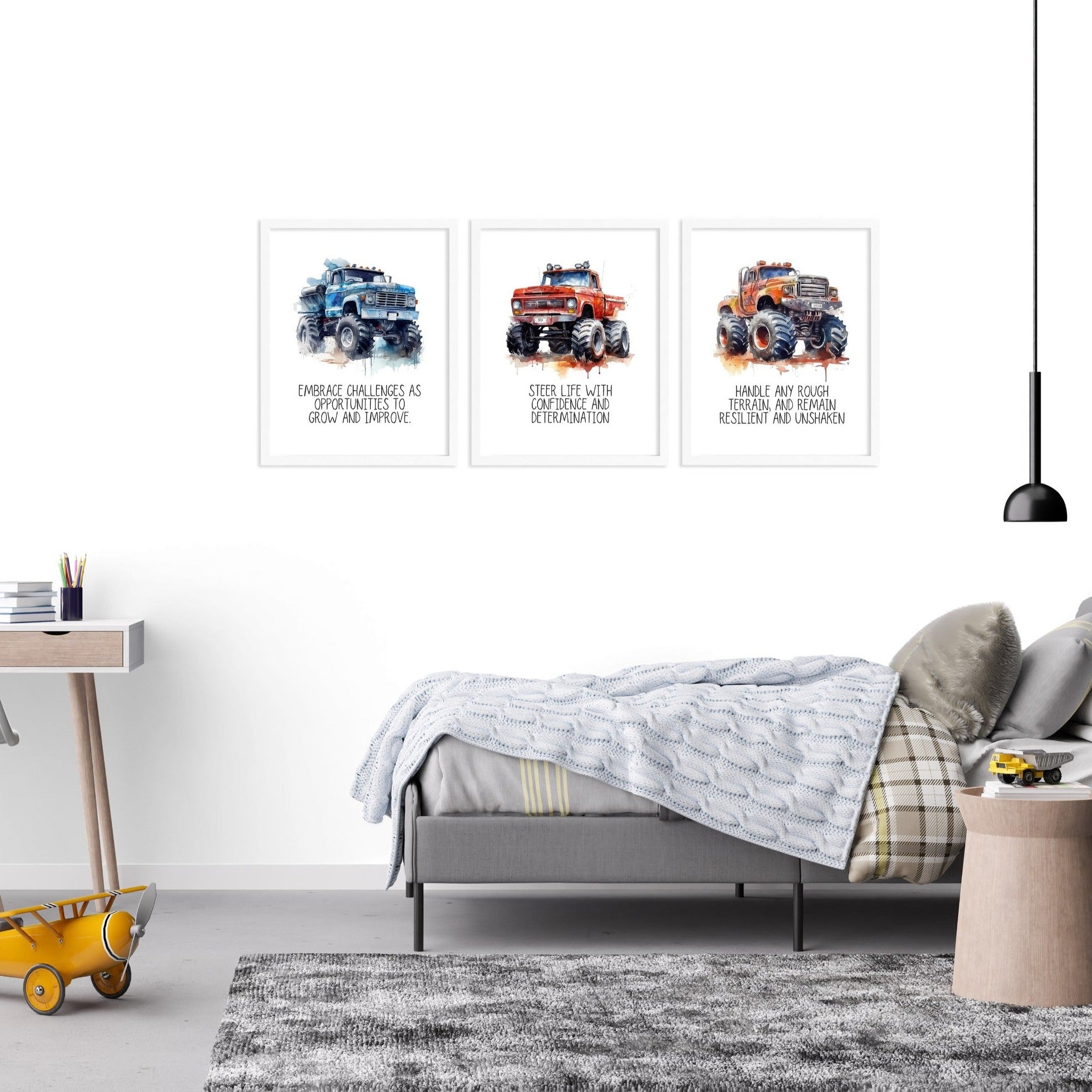 Positive Affirmations 3pcs Monster Truck Wall Art Set