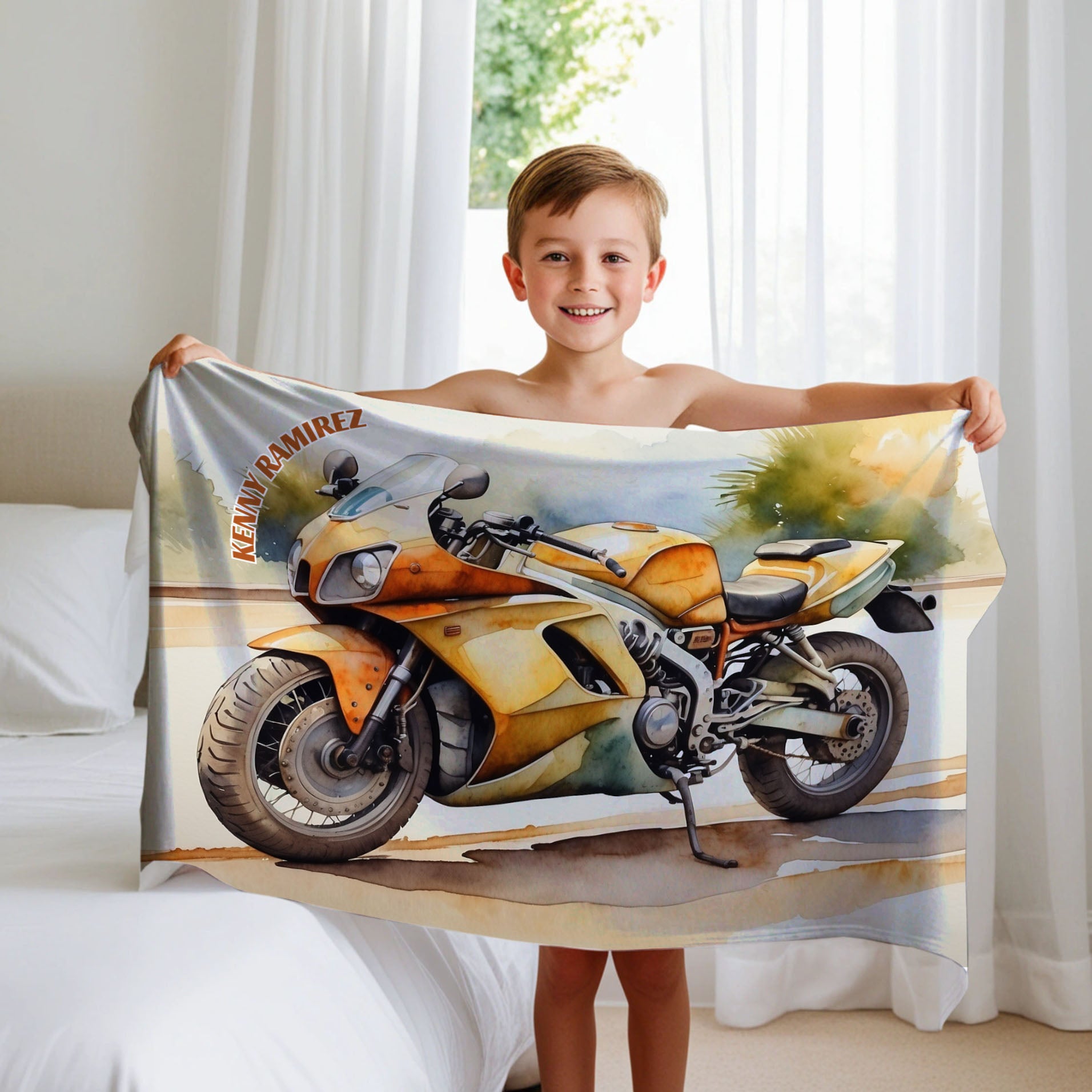 Motorcycle personalized blanket for babies and kids - Mellow Yellow Moto