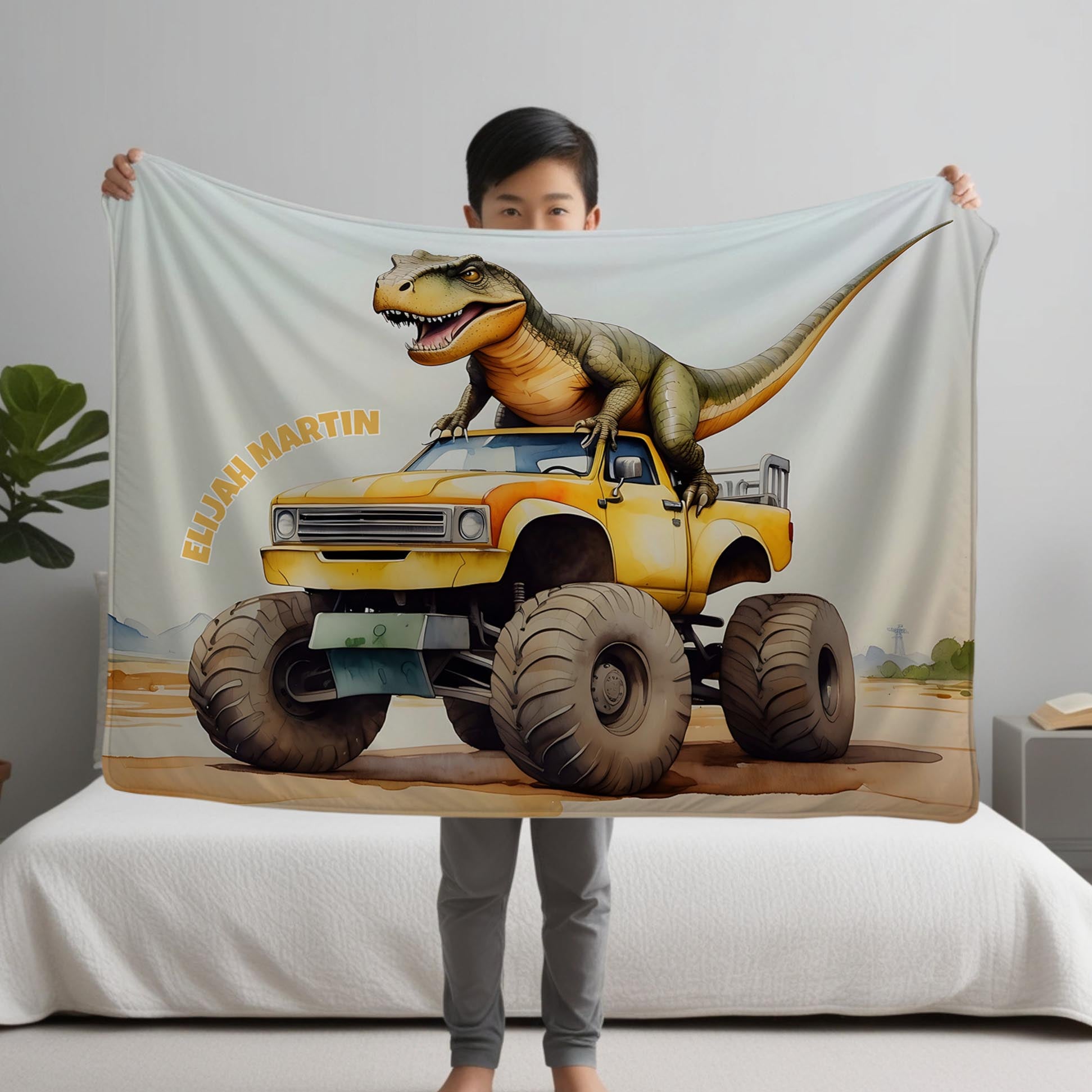 Dinosaur personalized blanket for newborn and kids - Monster Truck Rex