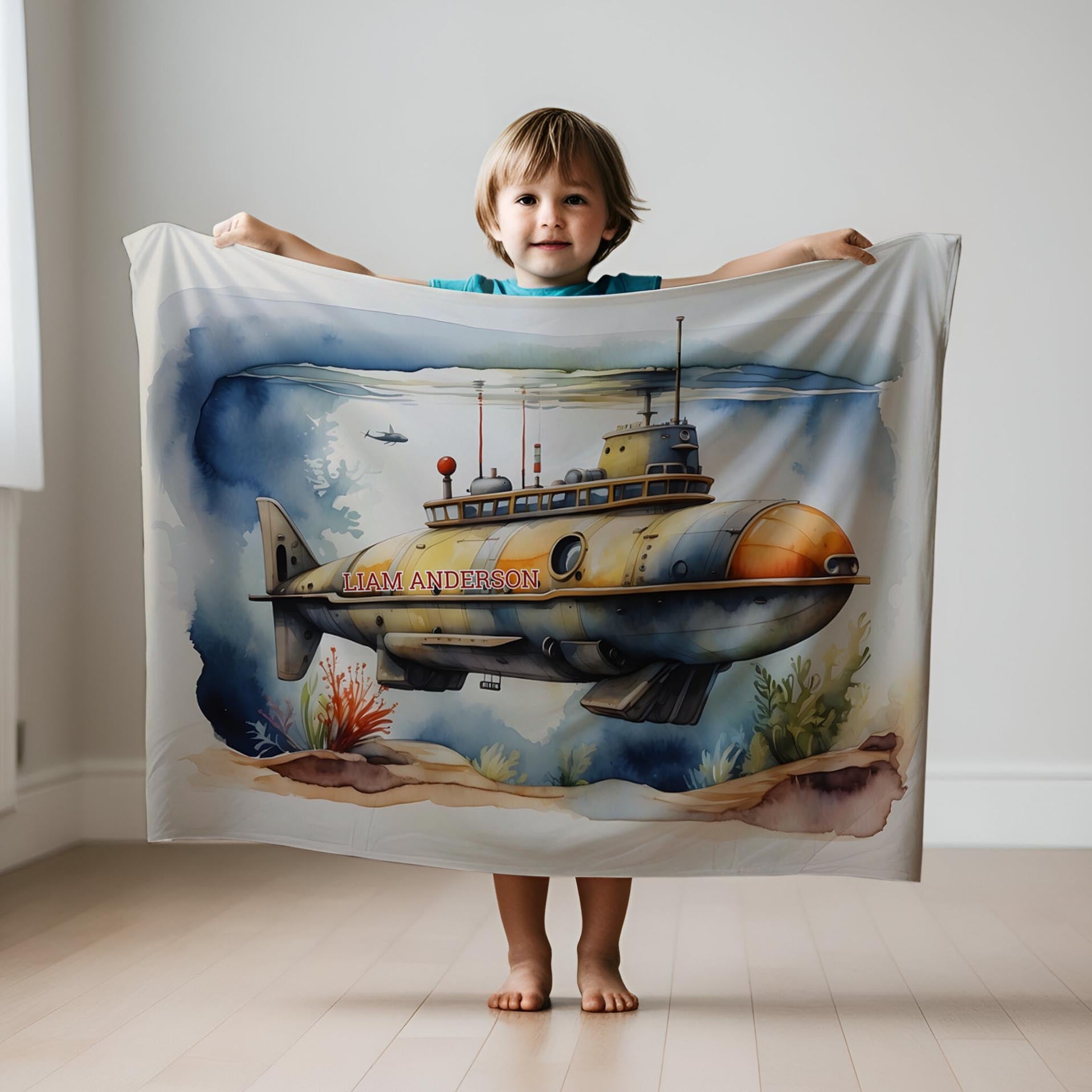 Submarine personalized blanket for newborn and kids - Deep Sea Explorer