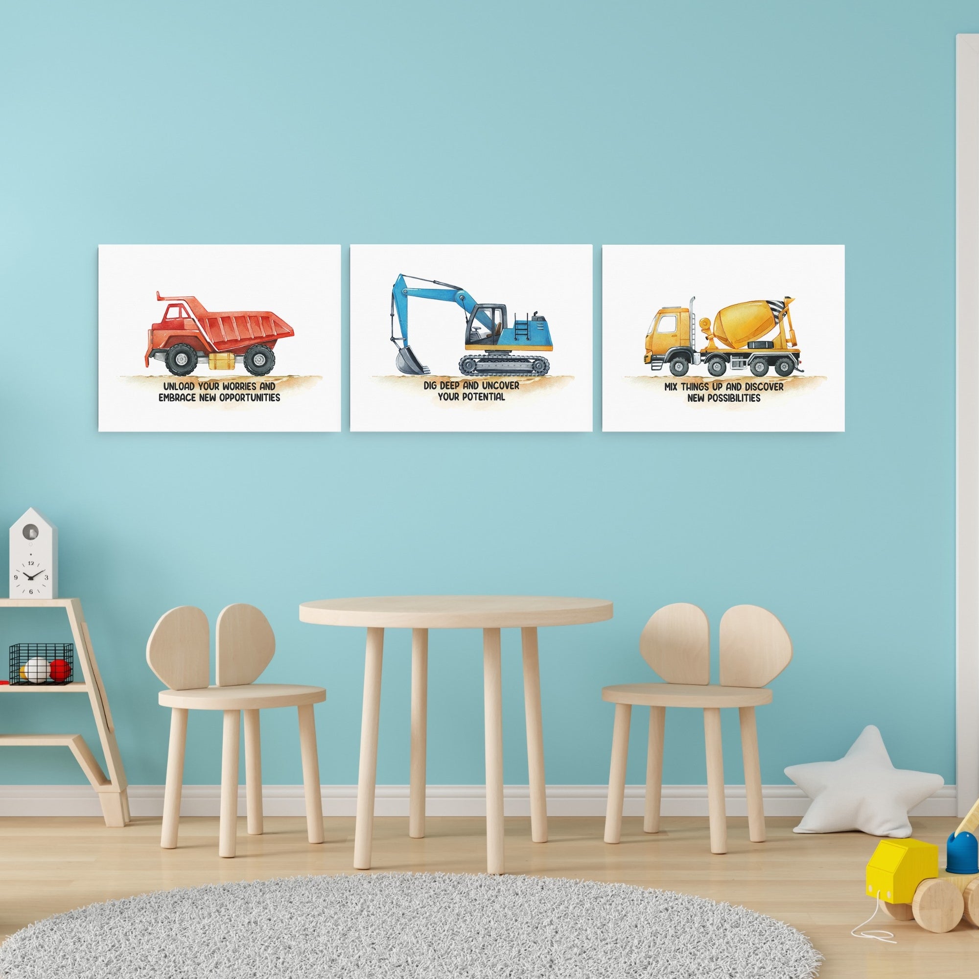 Positive Affirmations 3pcs Construction Truck Wall Art Set