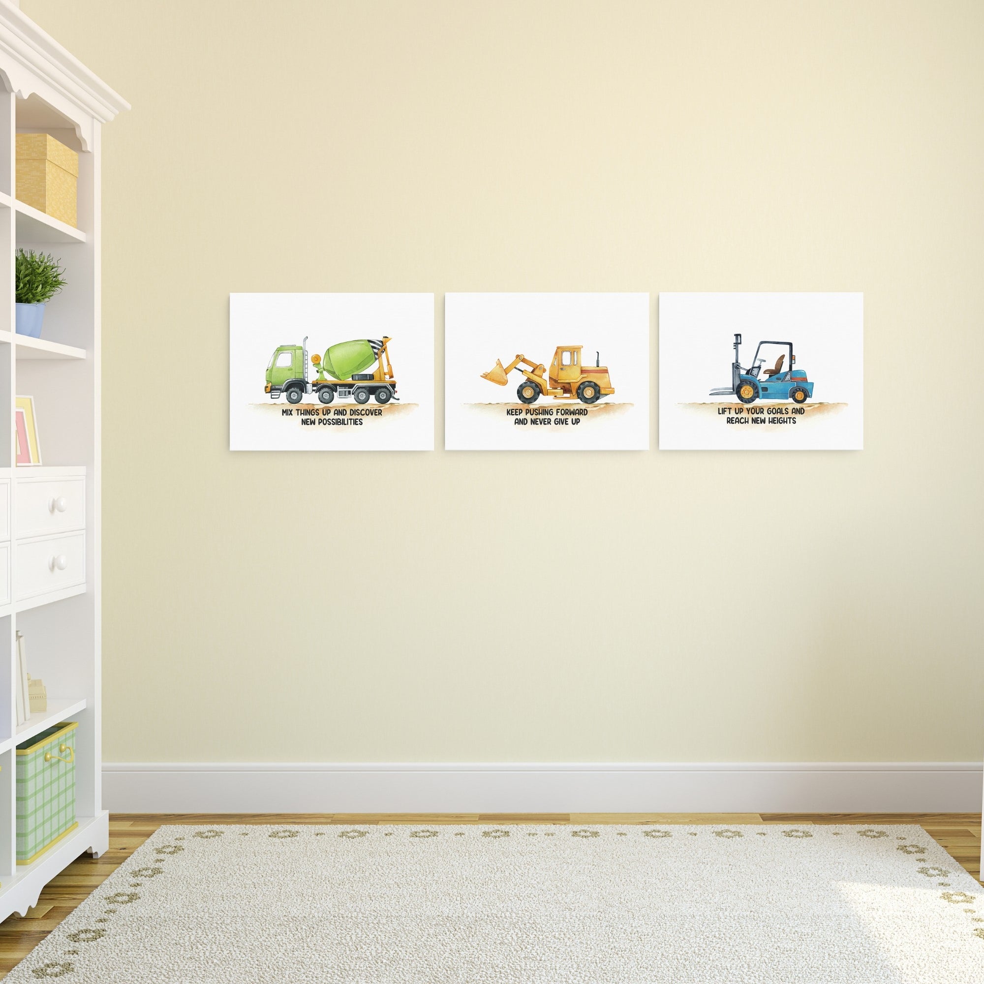 Positive Affirmations 3pcs Construction Truck Wall Art Set