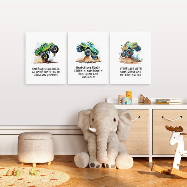 Positive Affirmations 3pcs Monster Truck Wall Art Set