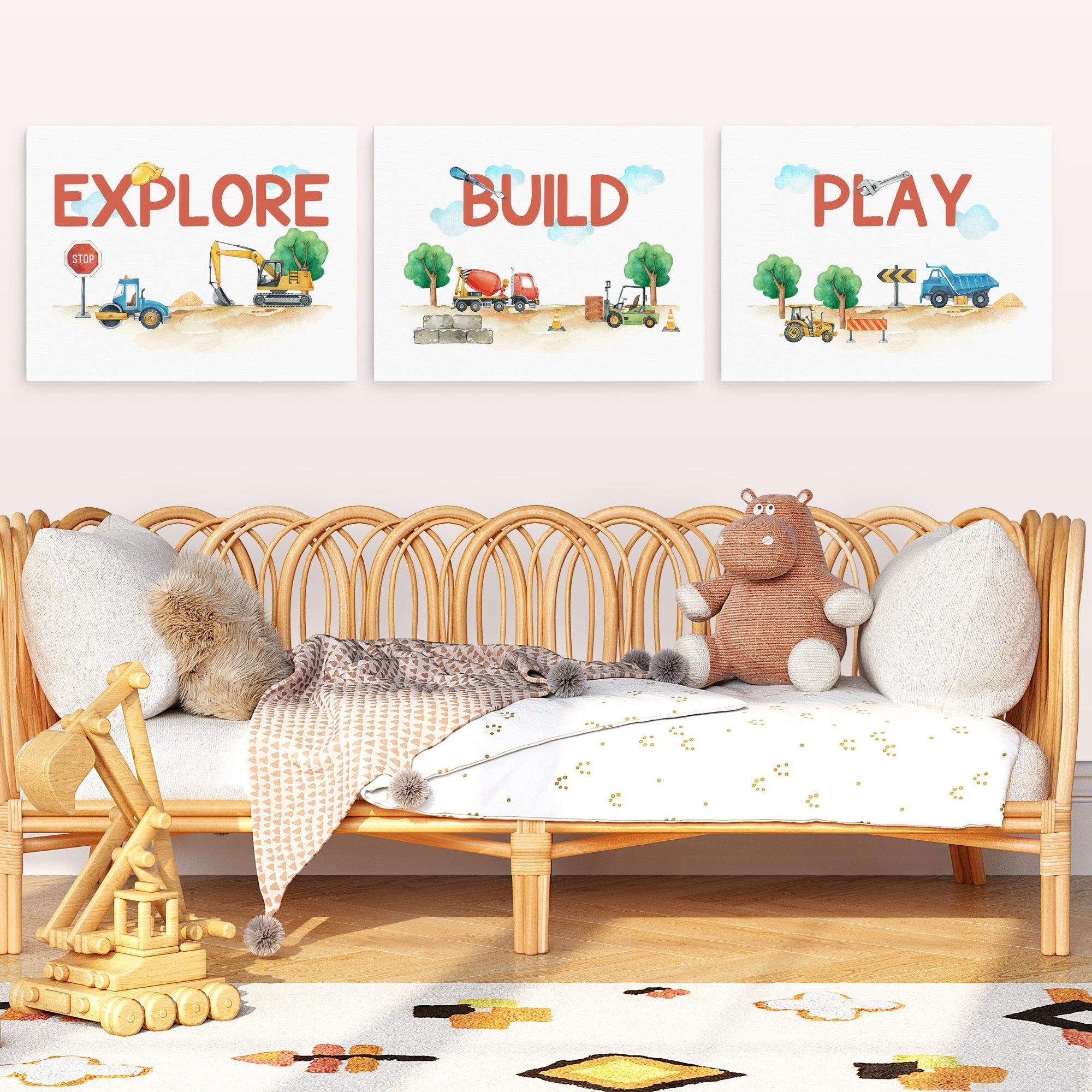 Positive Affirmations 3pcs Construction Truck Wall Art Set