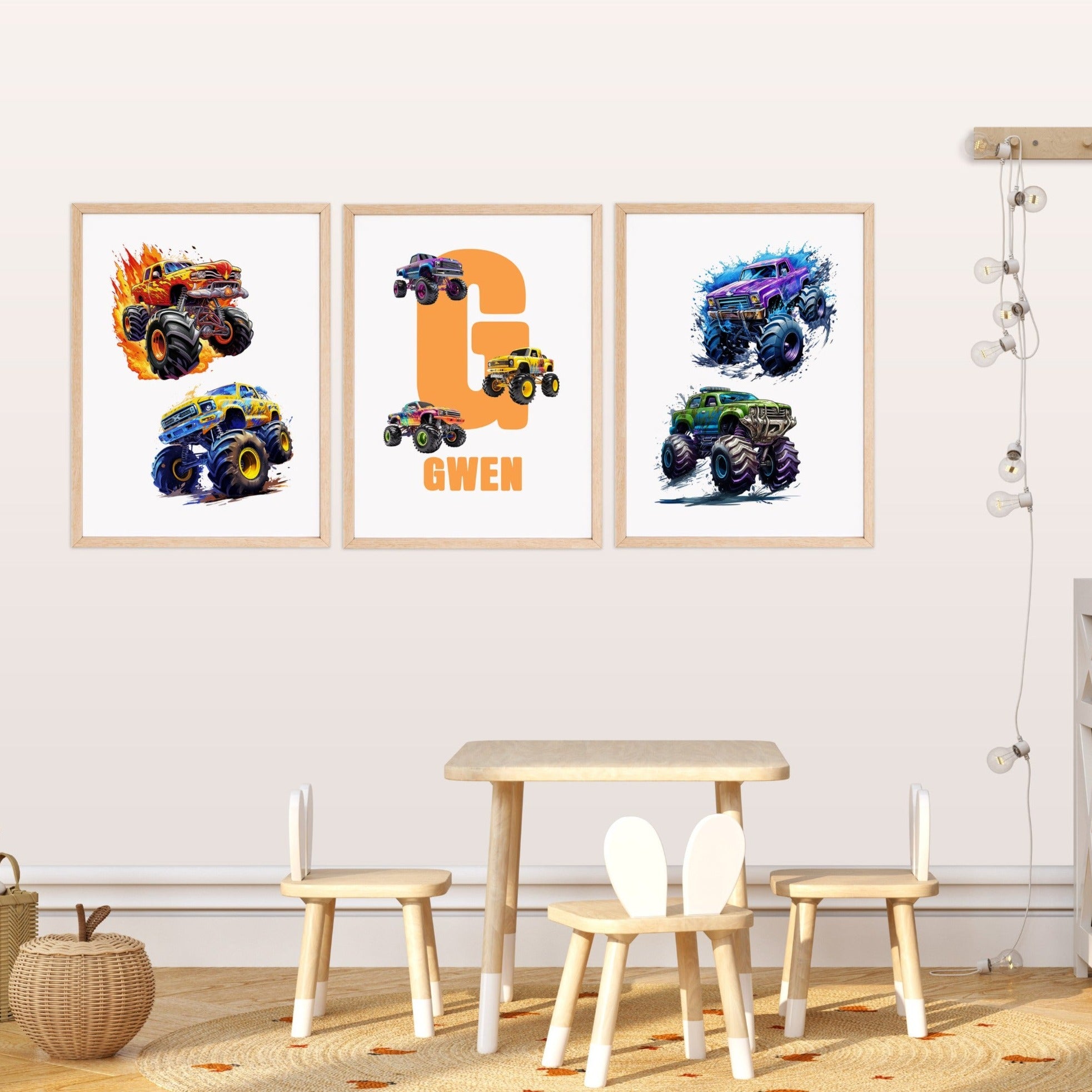 3 Pieces Personalized Monster Truck Wall Art