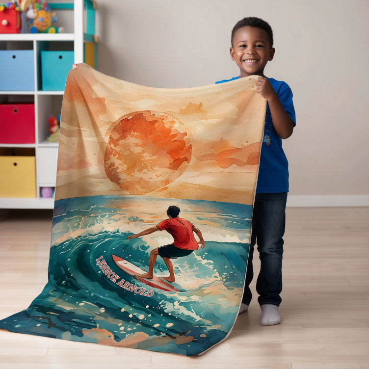 Surfing personalized blankets for kids and babies - Ocean Glow