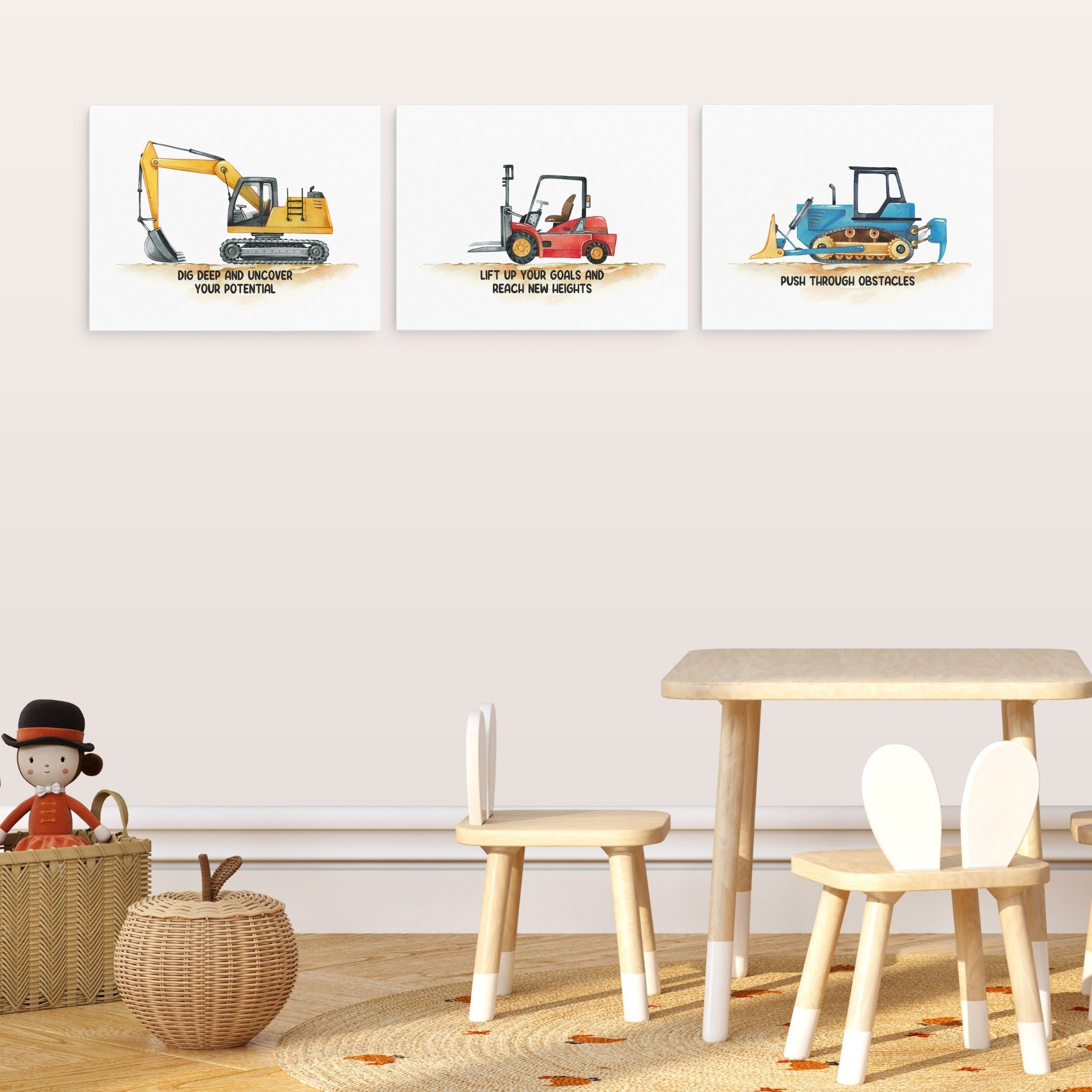 Positive Affirmations 3pcs Construction Truck Wall Art Set