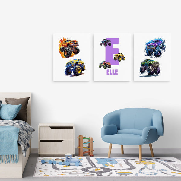 3 Pieces Personalized Monster Truck Wall Art