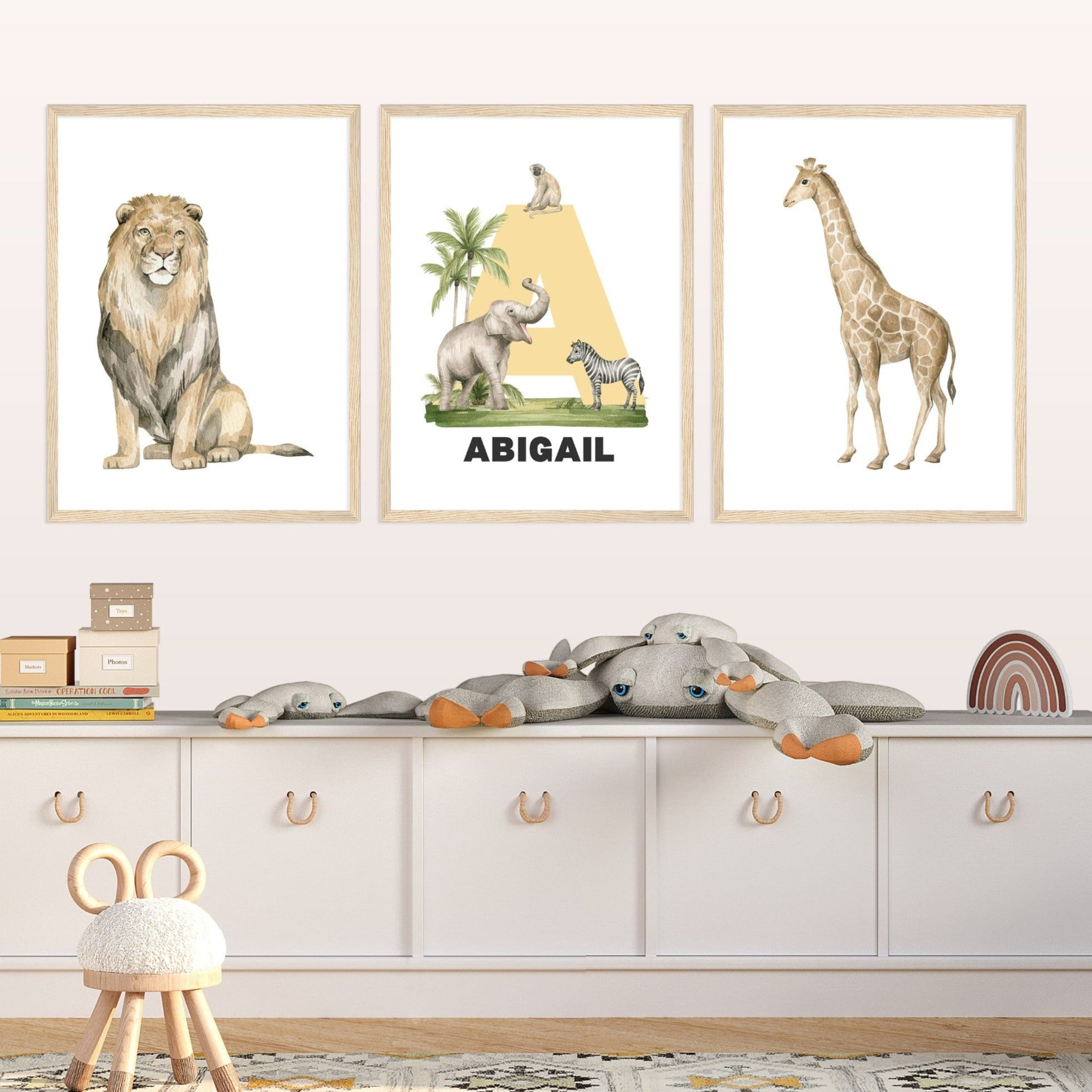 3 Pieces Personalized Safari Animals Wall Art