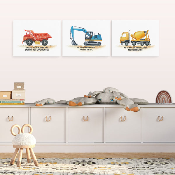 Positive Affirmations 3pcs Construction Truck Wall Art Set