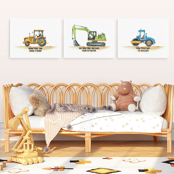 Positive Affirmations 3pcs Construction Truck Wall Art Set