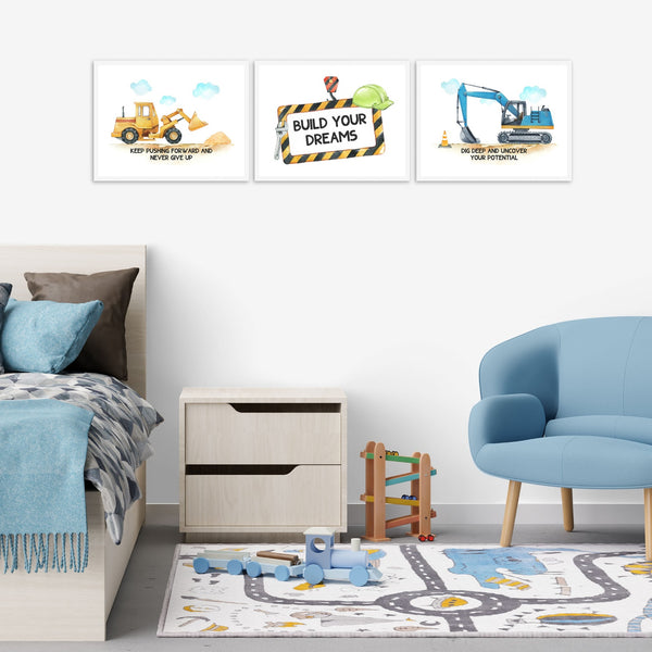 Positive Affirmations 3pcs Construction Truck Wall Art Set