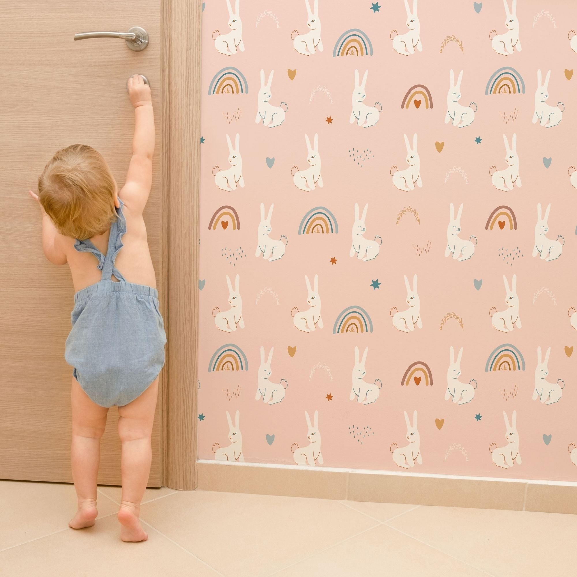 Kids and Nursery Bunny Wallpaper - Hopscotch Rainbows