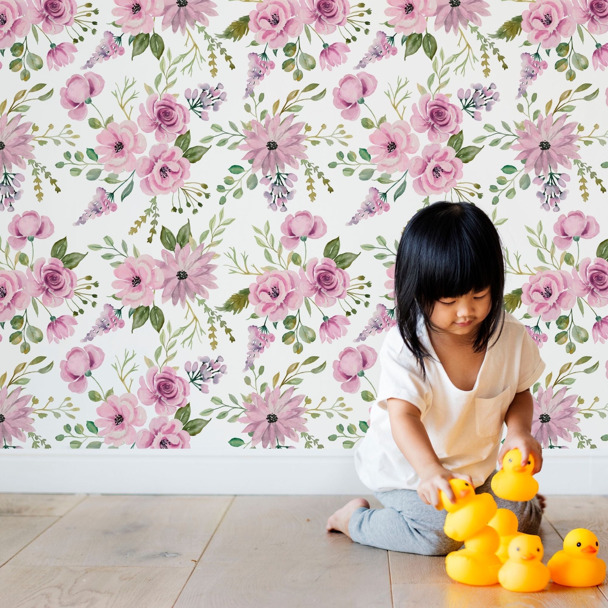 Flower Themed Nursery Wallpaper and Kids Room Wallpaper - Whimsical Watercolor Garden