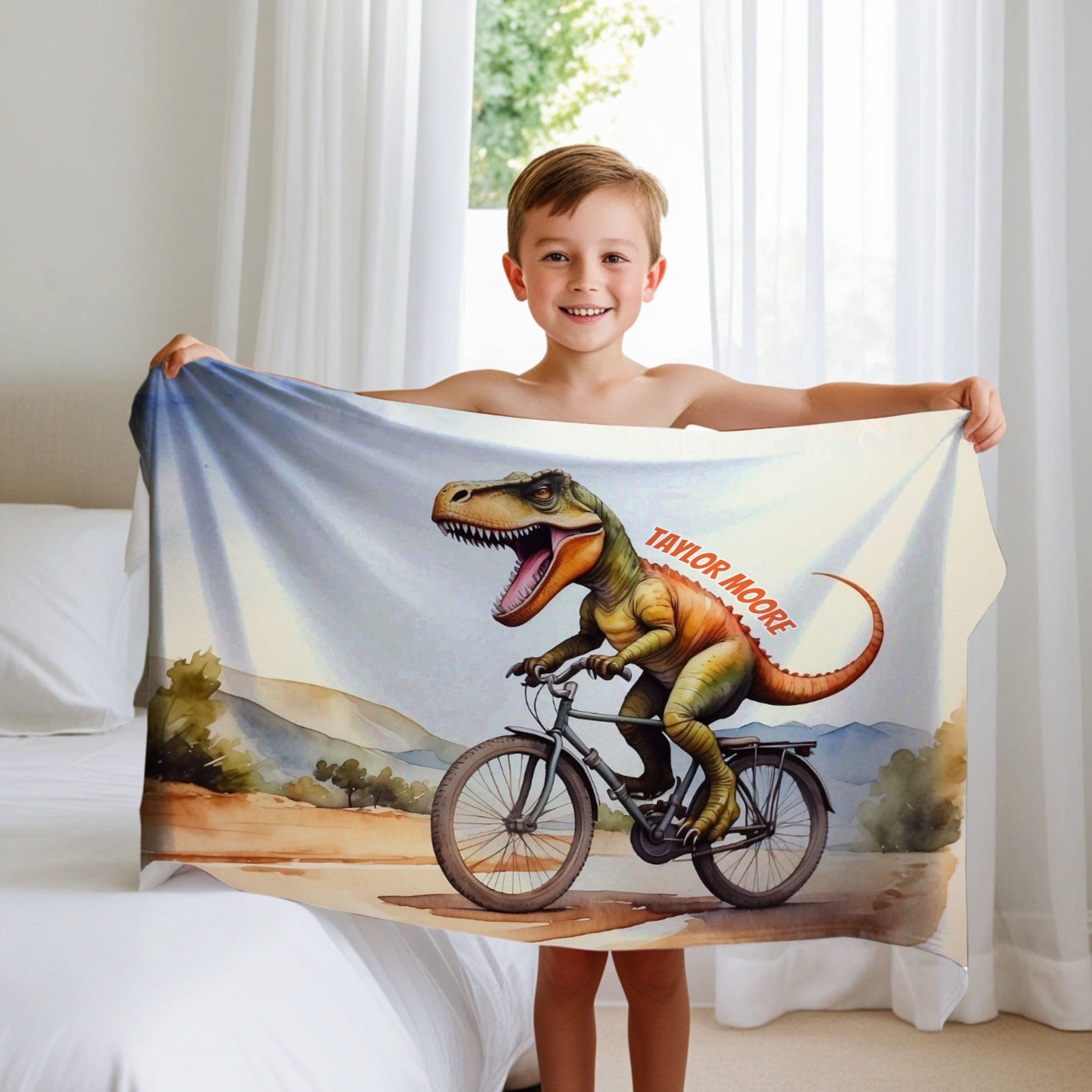 Dinosaur personalized blanket for babies and kids - Dino Cyclist