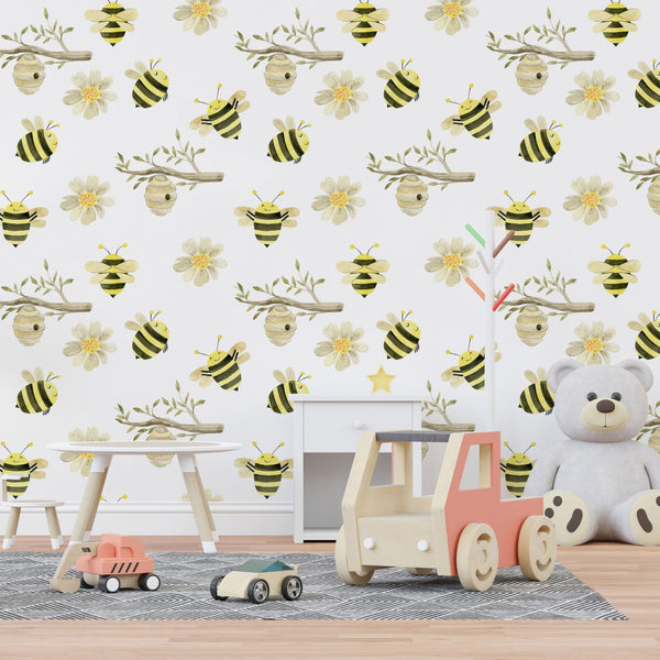 Bee Themed Nursery Wallpaper and Kids Room Wallpaper - Honeybee Garden Waltz