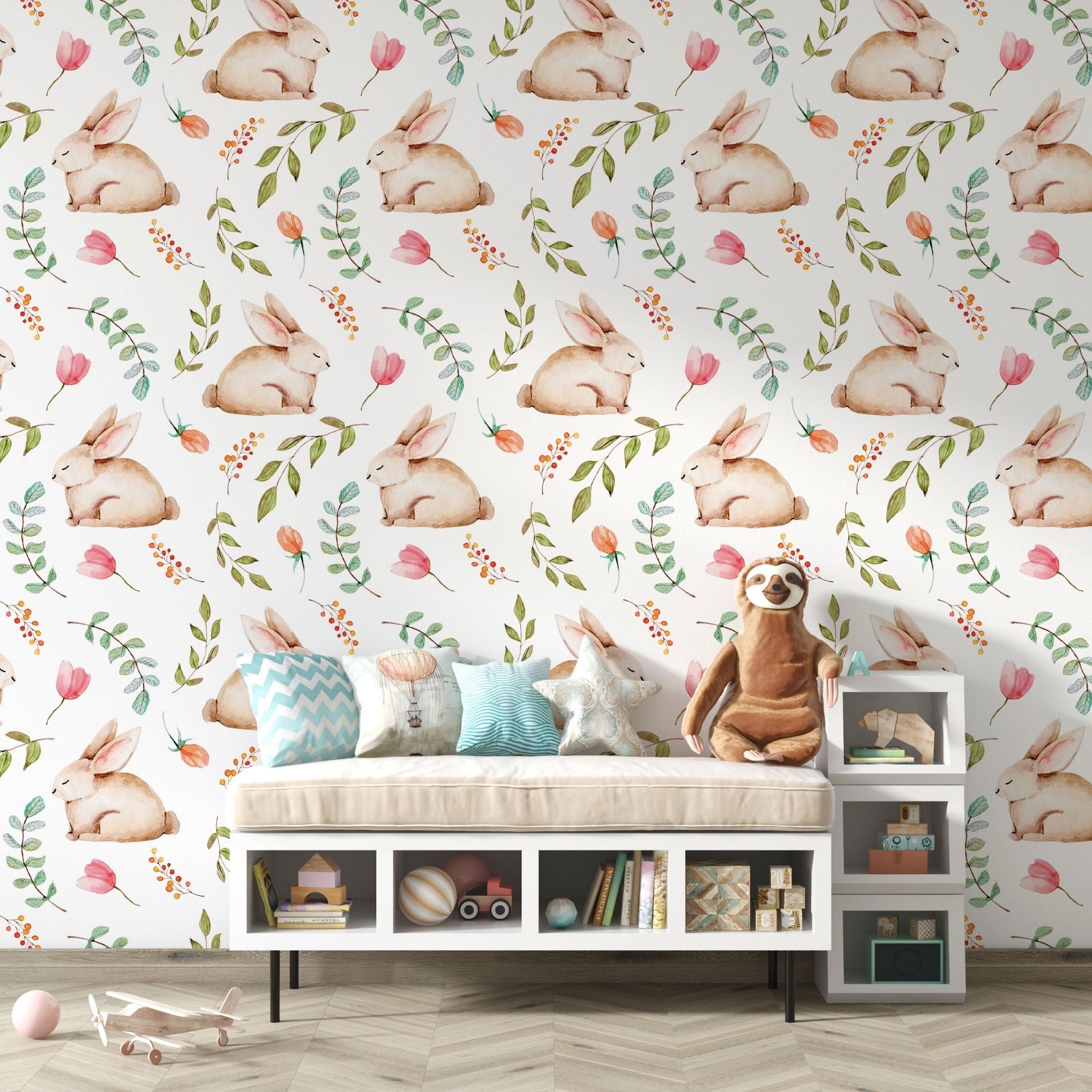 Traditional or Peel and Stick Bunny Wallpaper - Rabbit Spring Garden