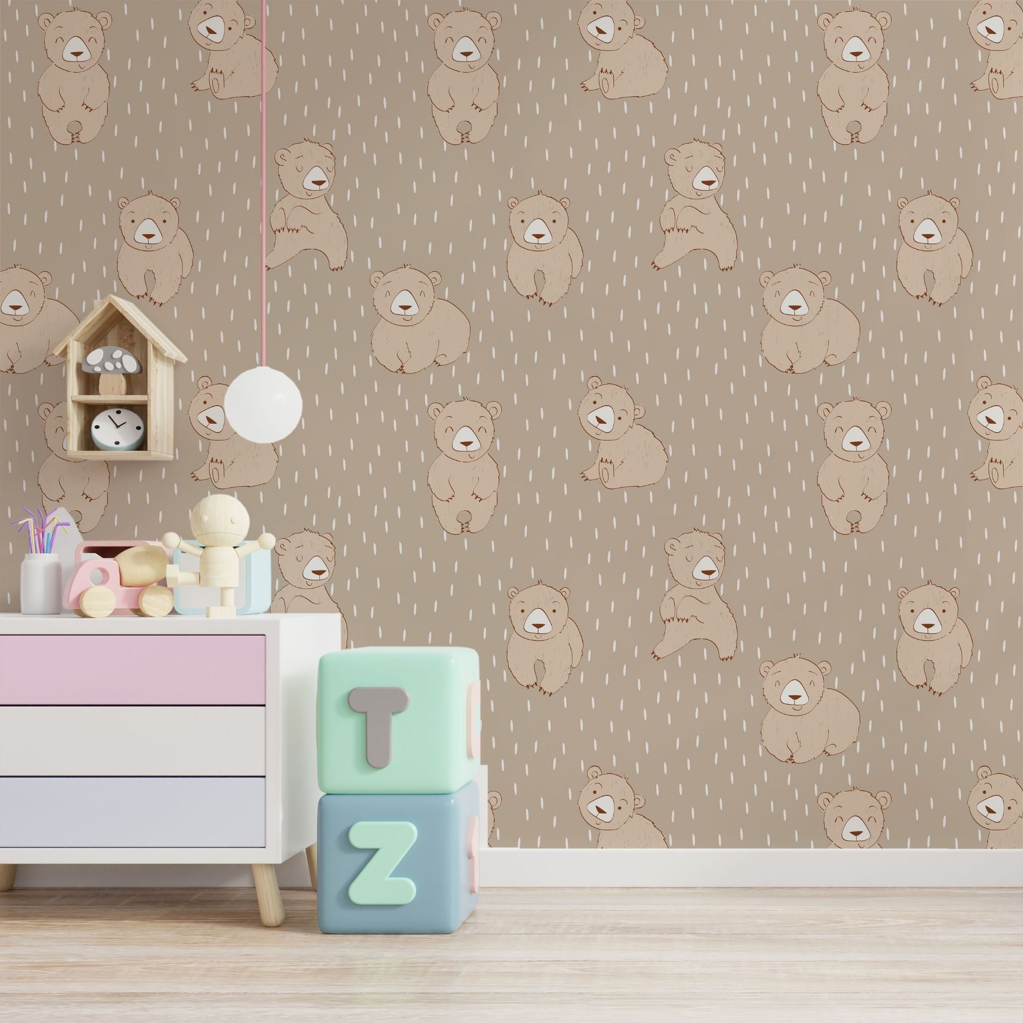 Bear Wallpaper for Nursery and Kids Rooms - Teddy's Raindrop Meadow