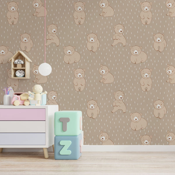 Bear Wallpaper for Nursery and Kids Rooms - Teddy's Raindrop Meadow