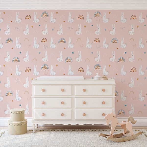 Kids and Nursery Bunny Wallpaper - Hopscotch Rainbows