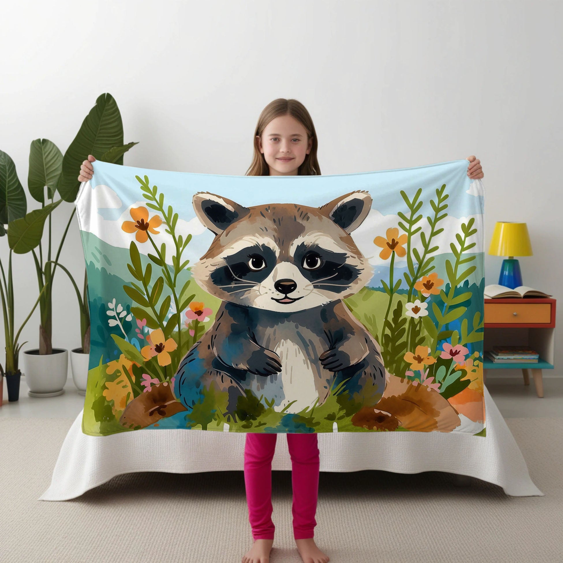 Raccoon personalized blanket for babies and kids - Raccoon Bloom