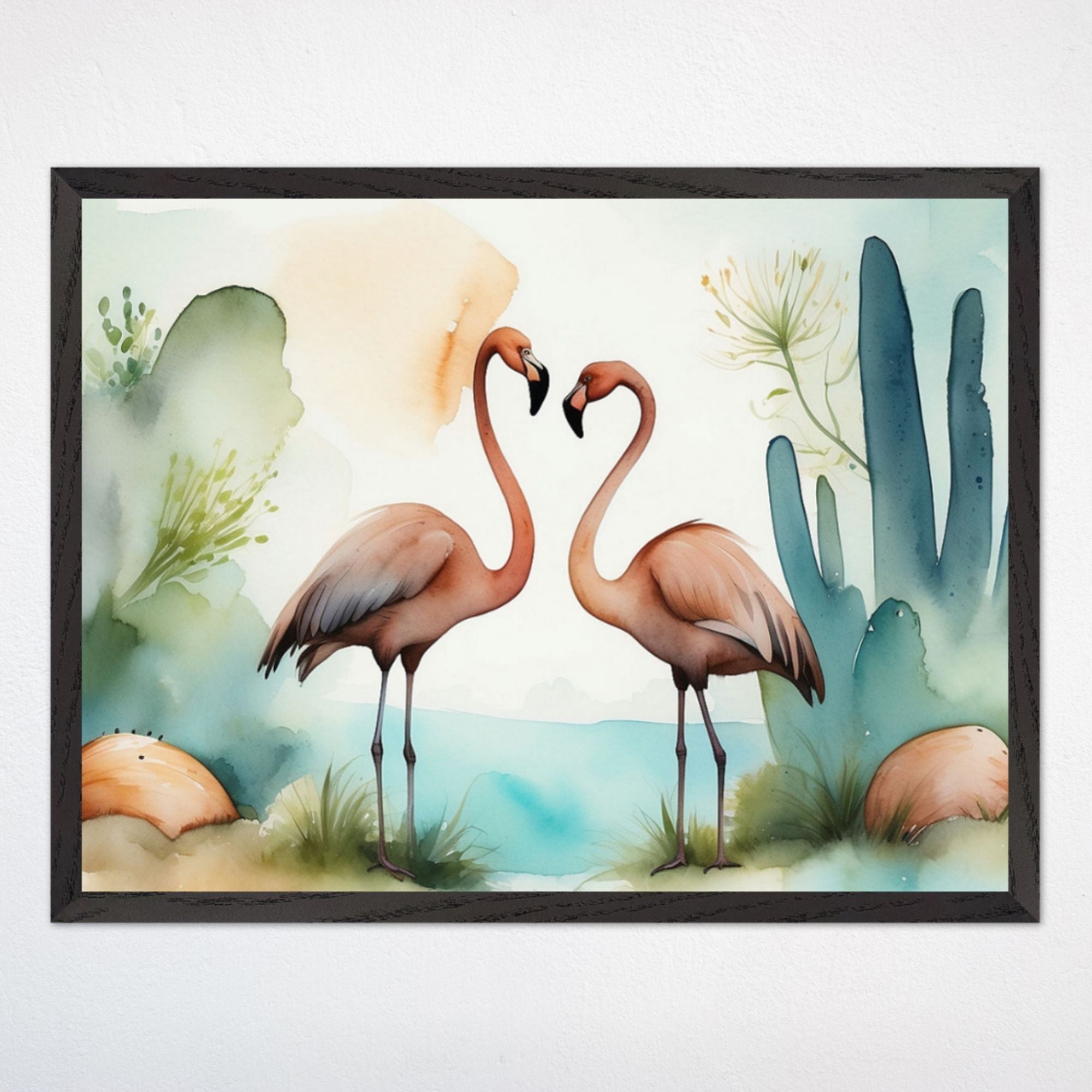 a painting of two flamingos standing next to each other