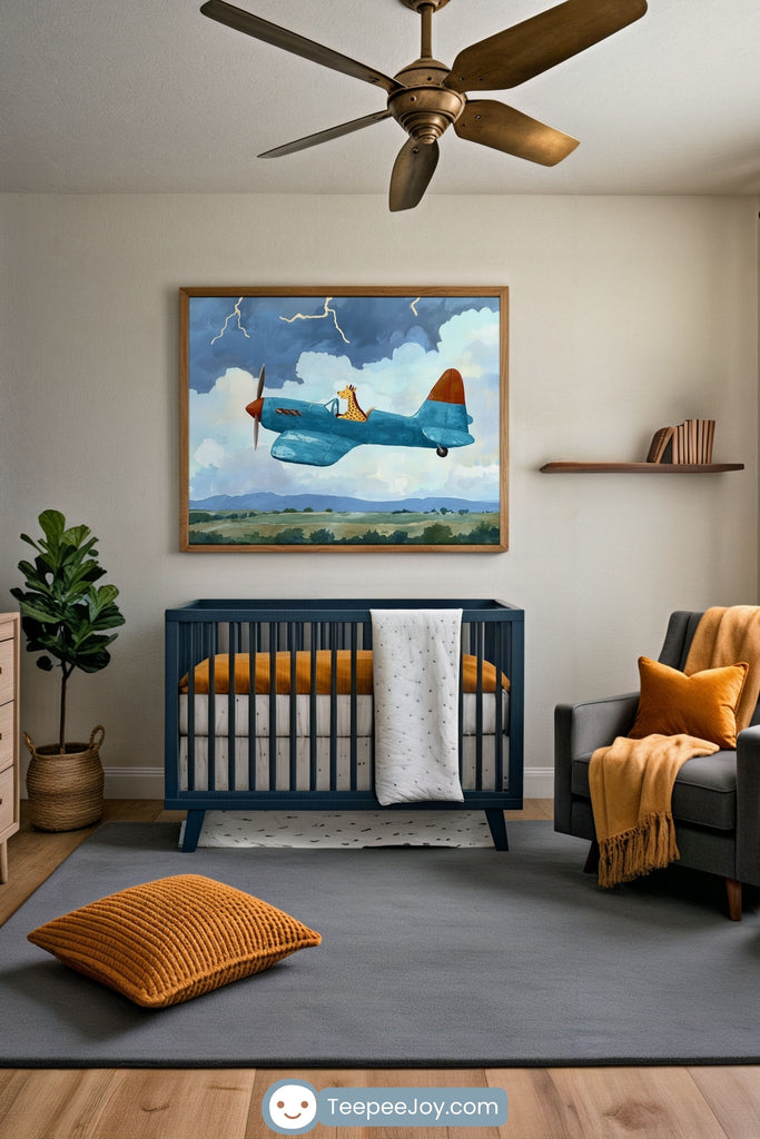 Cozy, modern nursery with a navy blue crib, mustard yellow and gray accents, and a whimsical wall art piece featuring a giraffe flying a blue and red airplane through a stormy sky. The space includes a wooden dresser with a changing pad, a gray armchair with a mustard throw blanket, and a plush pillow on a gray rug.