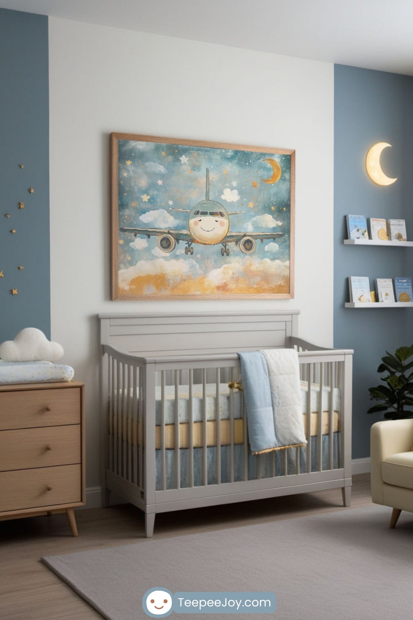 Airplane-themed nursery featuring a gray crib with blue and yellow bedding, a light wood dresser with a cloud-shaped pillow, and a cream armchair with a cloud cushion. A whimsical painting of a smiling airplane flying through clouds and stars hangs above the crib, with a crescent moon wall light and children's books displayed on floating shelves nearby. The decor blends soft blues, whites, and warm neutrals for a dreamy, sky-inspired vibe.