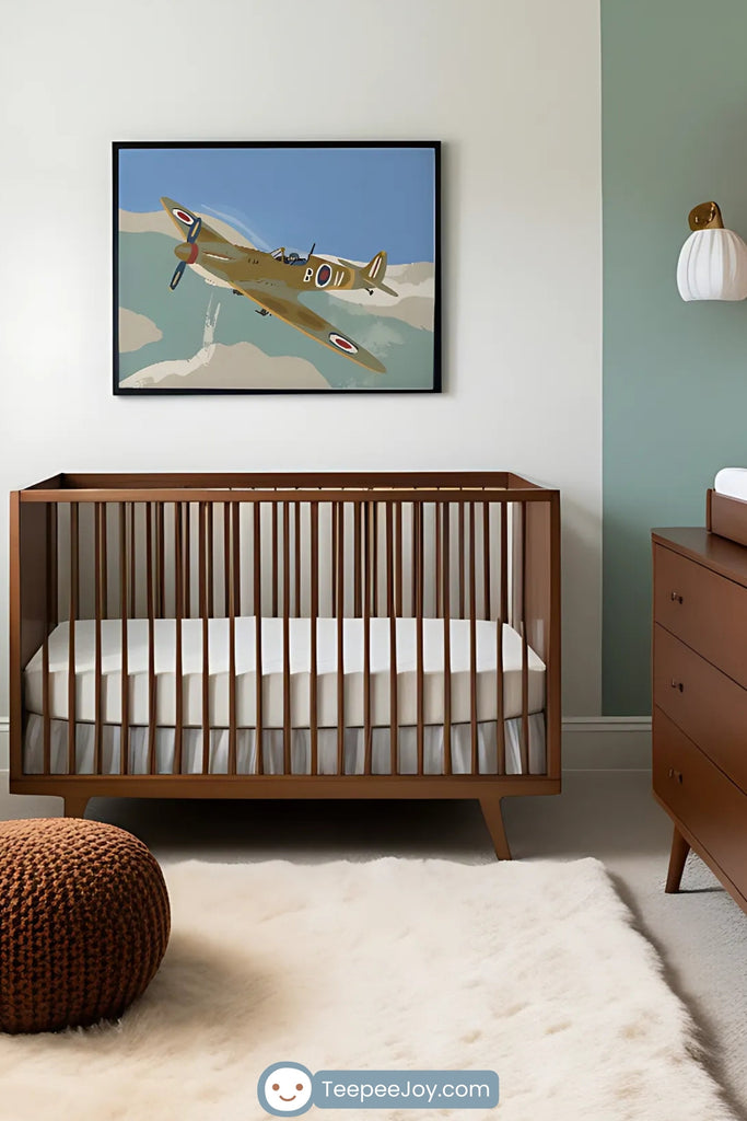 This image features a beautifully designed nursery with a vintage aviation theme. The centerpiece is a framed illustration of a vintage military aircraft in flight, positioned above a mid-century modern wooden crib. The room is accented with sage green and muted orange wall panels, a matching dresser, and a warm-toned rocking chair with a decorative pillow. A cozy knit pouf and soft white rug complete the space, creating a harmonious and inviting environment.