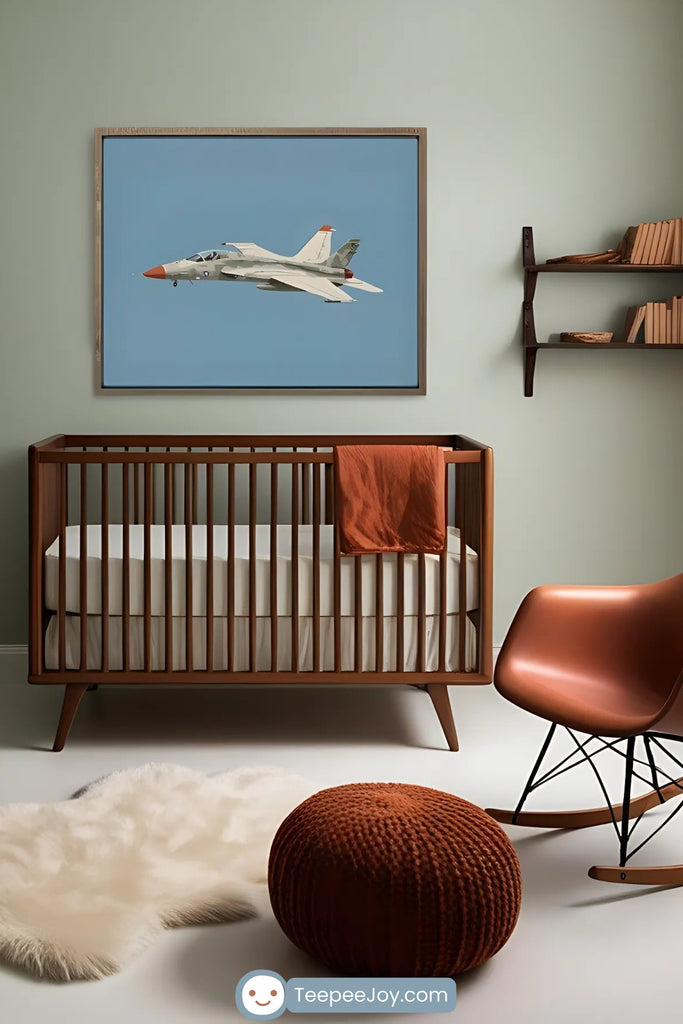 This image showcases a stylish, aviation-themed nursery with a serene sage green wall. The focal point is a framed illustration of a fighter jet in flight, hung above a sleek mid-century modern wooden crib. The room is completed with complementary furniture, including a matching dresser, a rust-colored rocking chair, and a cozy knit pouf, alongside soft accents like a white sheepskin rug and warm orange textiles. Floating shelves and a minimalist floor lamp add functional yet aesthetic touches to the design