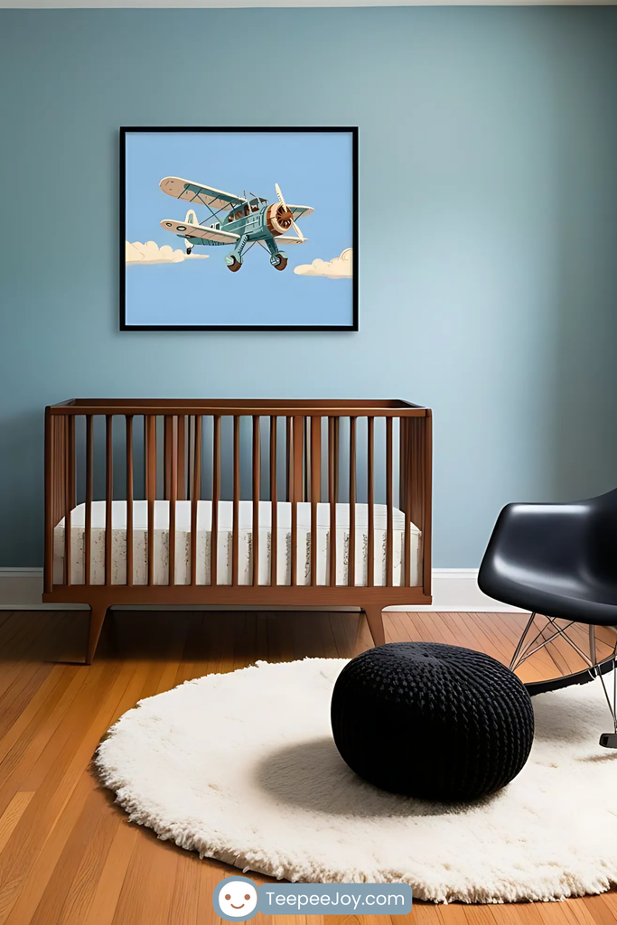 Modern nursery with a wooden crib against a light blue wall, featuring a framed artwork of a vintage biplane flying through the sky with soft clouds. A black accent chair and a knitted black pouf sit on a plush white circular rug, adding contrast to the room’s minimalist design. The warm wood flooring complements the sleek, aviation-themed decor.
