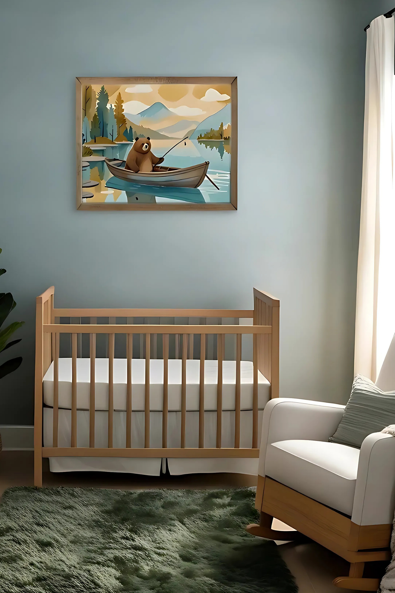 Tranquil nursery with a wooden crib against a soft blue wall, featuring a framed artwork of a bear fishing in a rowboat on a peaceful lake with mountains in the background. A cozy white rocking chair with a green accent pillow sits near a window with flowing white curtains. A plush green rug adds warmth to the serene, nature-inspired space.