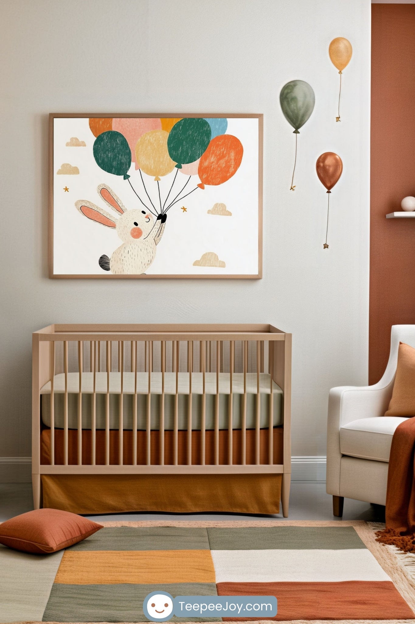 Warm and inviting nursery featuring a natural wood crib with a soft green mattress and earthy orange bedding. Above the crib, a framed wall art print showcases an adorable illustration of a bunny holding multiple colorful balloons, floating among small clouds and stars. The room is decorated with complementary balloon wall decals, a cozy white armchair with a burnt-orange pillow and blanket, and a geometric-patterned rug in green, mustard, and terracotta tones, creating a playful yet soothing atmosphere.