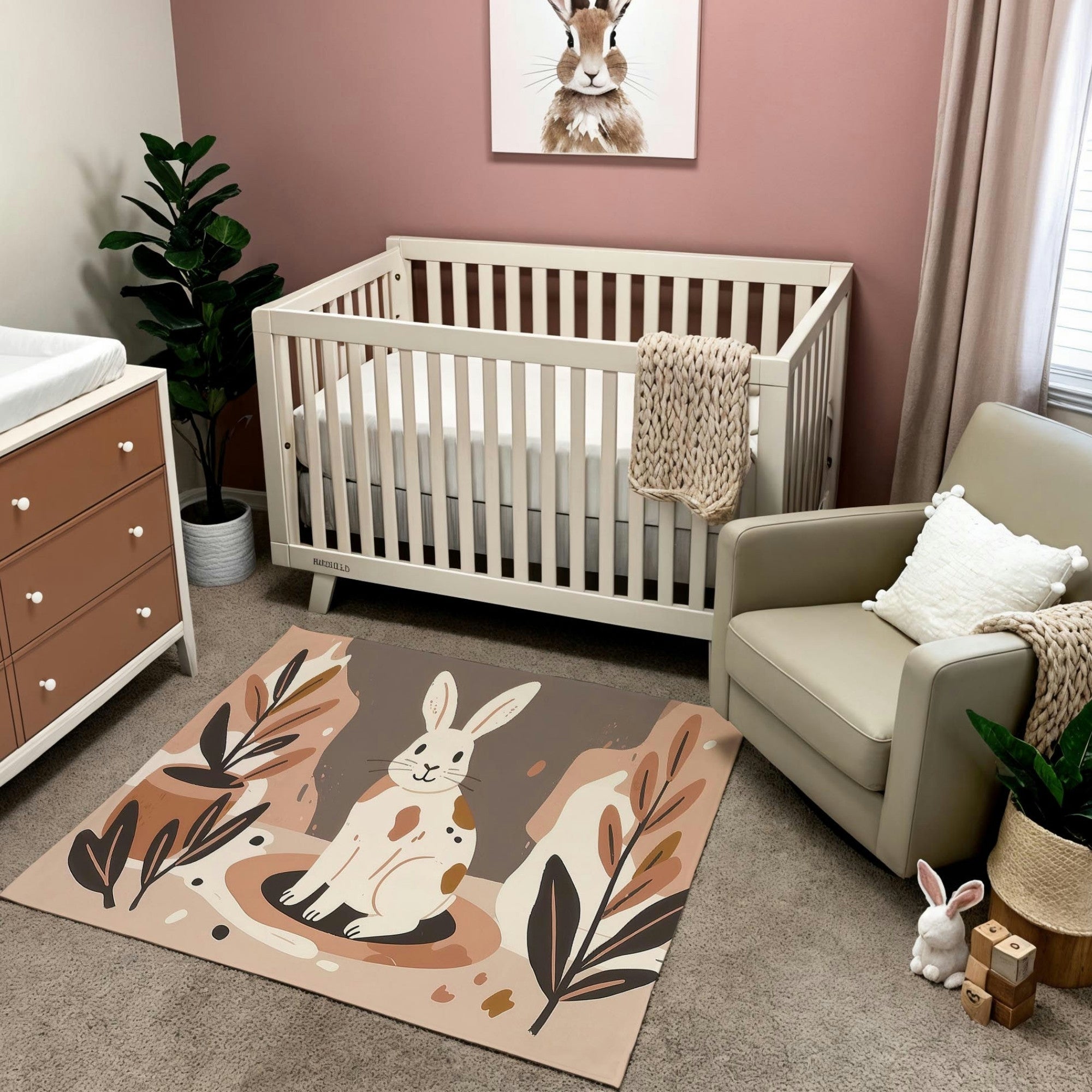 A nursery features a soft-toned rug with an illustration of a white rabbit with brown spots, surrounded by abstract foliage and earthy shapes. The room has a cozy design with a white crib, a beige armchair, and a dresser, complemented by a bunny-themed wall art.