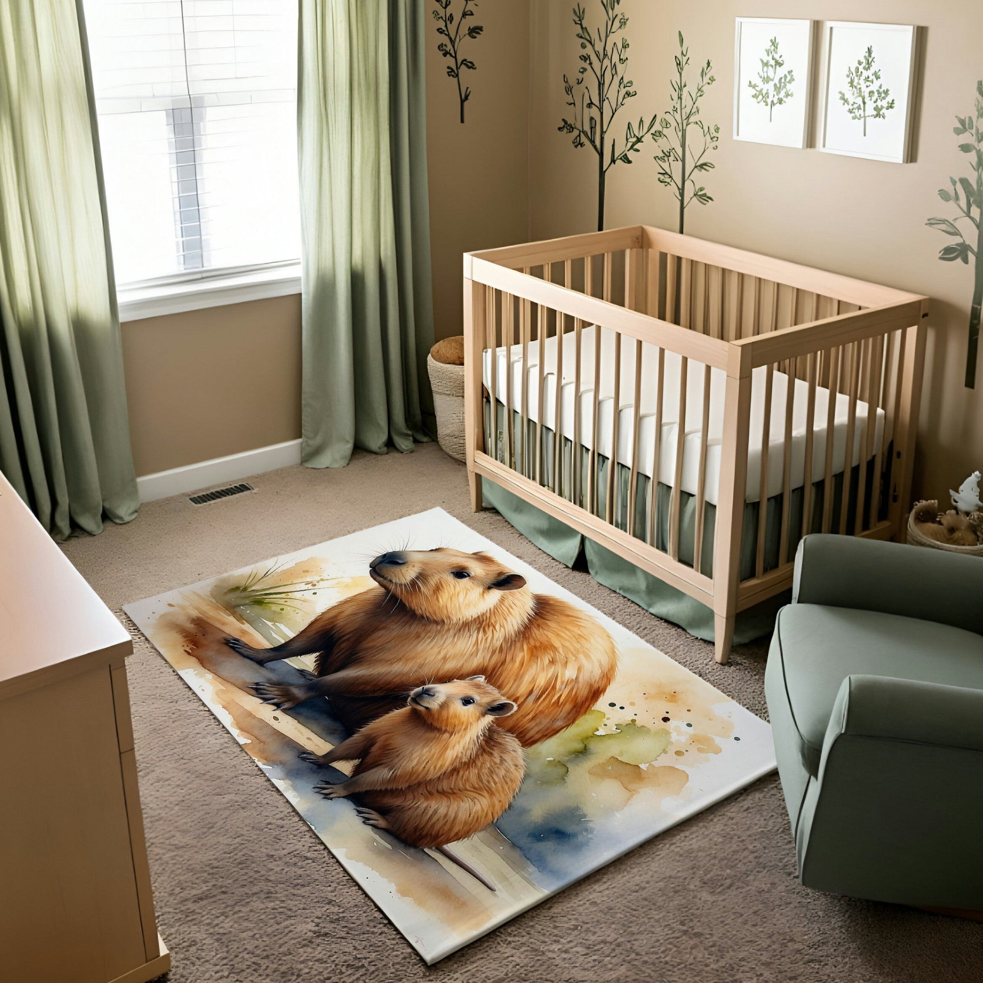 The scene portrays a cozy nursery adorned with natural green tones, featuring a watercolor-style rug displaying a capybara and its young. The capybaras, drawn in warm earthy hues, sit on a patch of soft greenery, adding a tranquil, nature-inspired charm to the room. The overall setting exudes warmth and comfort, perfect for a peaceful child-friendly environment.