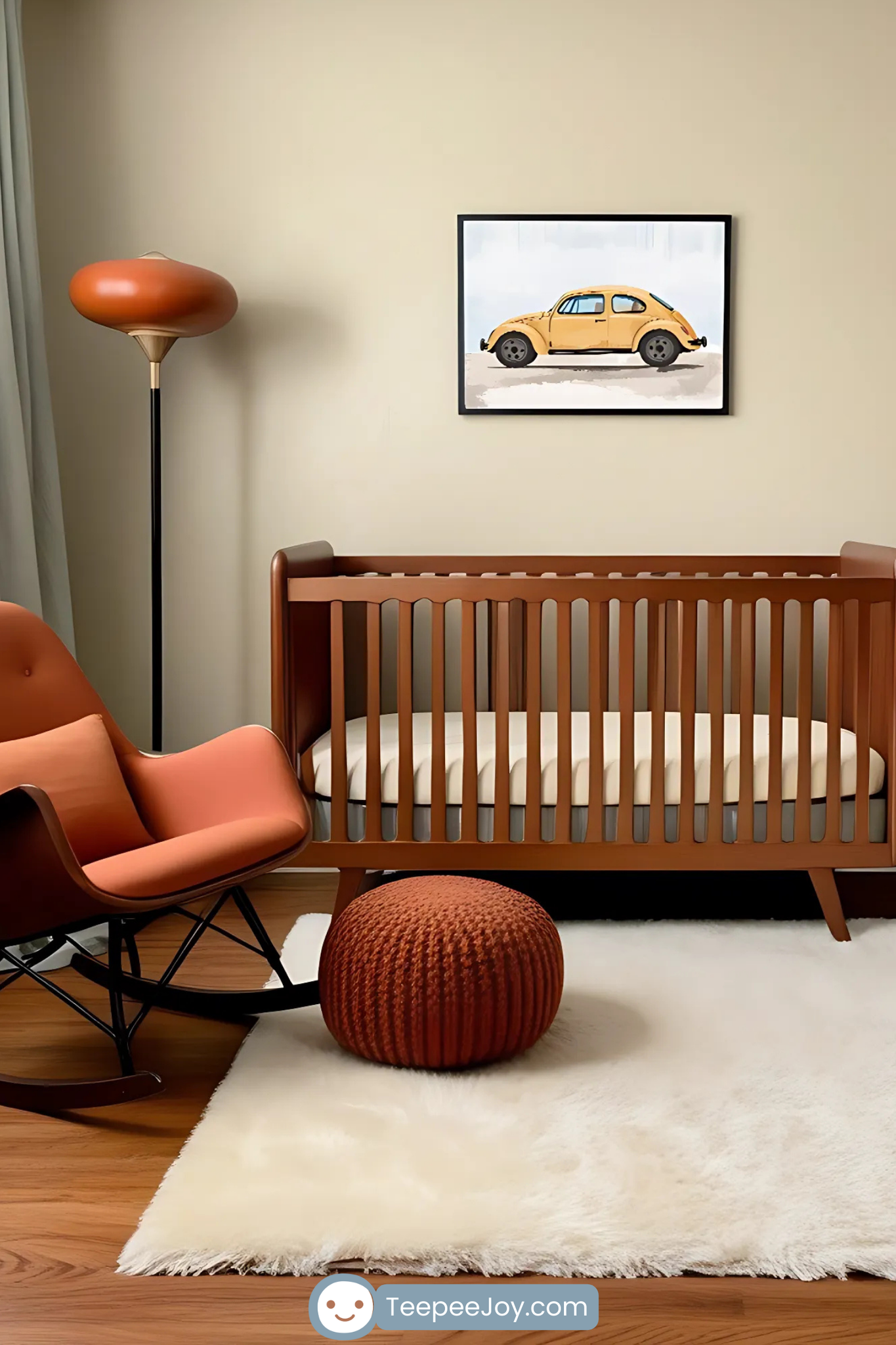 Stylish nursery with a warm-toned wooden crib against a neutral beige wall, featuring a framed artwork of a vintage yellow car. An orange mid-century modern rocking chair and a matching knitted pouf sit atop a plush white rug. A sleek floor lamp with a rounded orange shade adds a retro touch to the cozy, automotive-inspired space.
