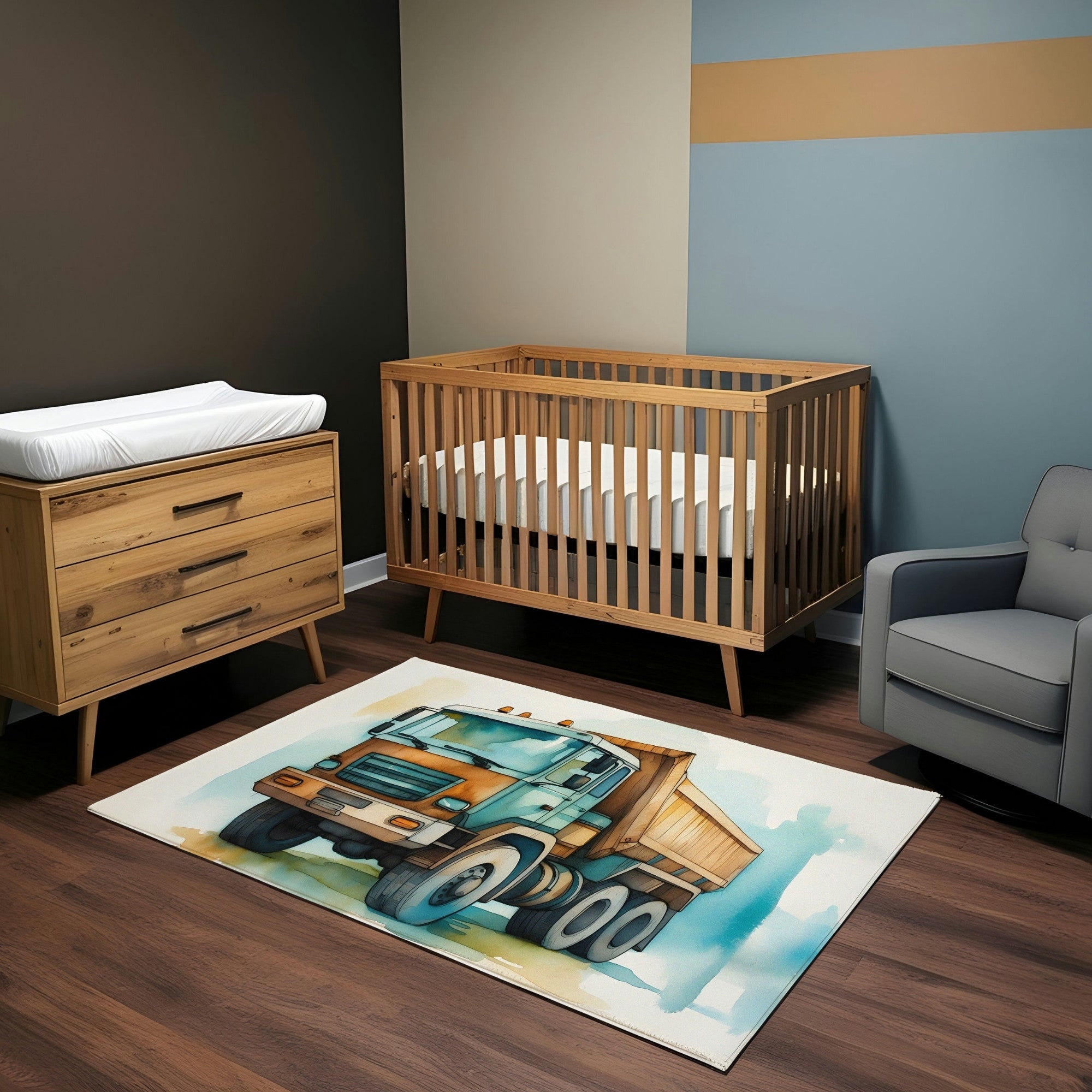 A nursery with a wooden crib, dresser, and chair, complemented by a construction-themed rug showcasing a bright dump truck design. The room's walls are painted in a muted blue and beige tone with a brown stripe, creating a coordinated and playful space.