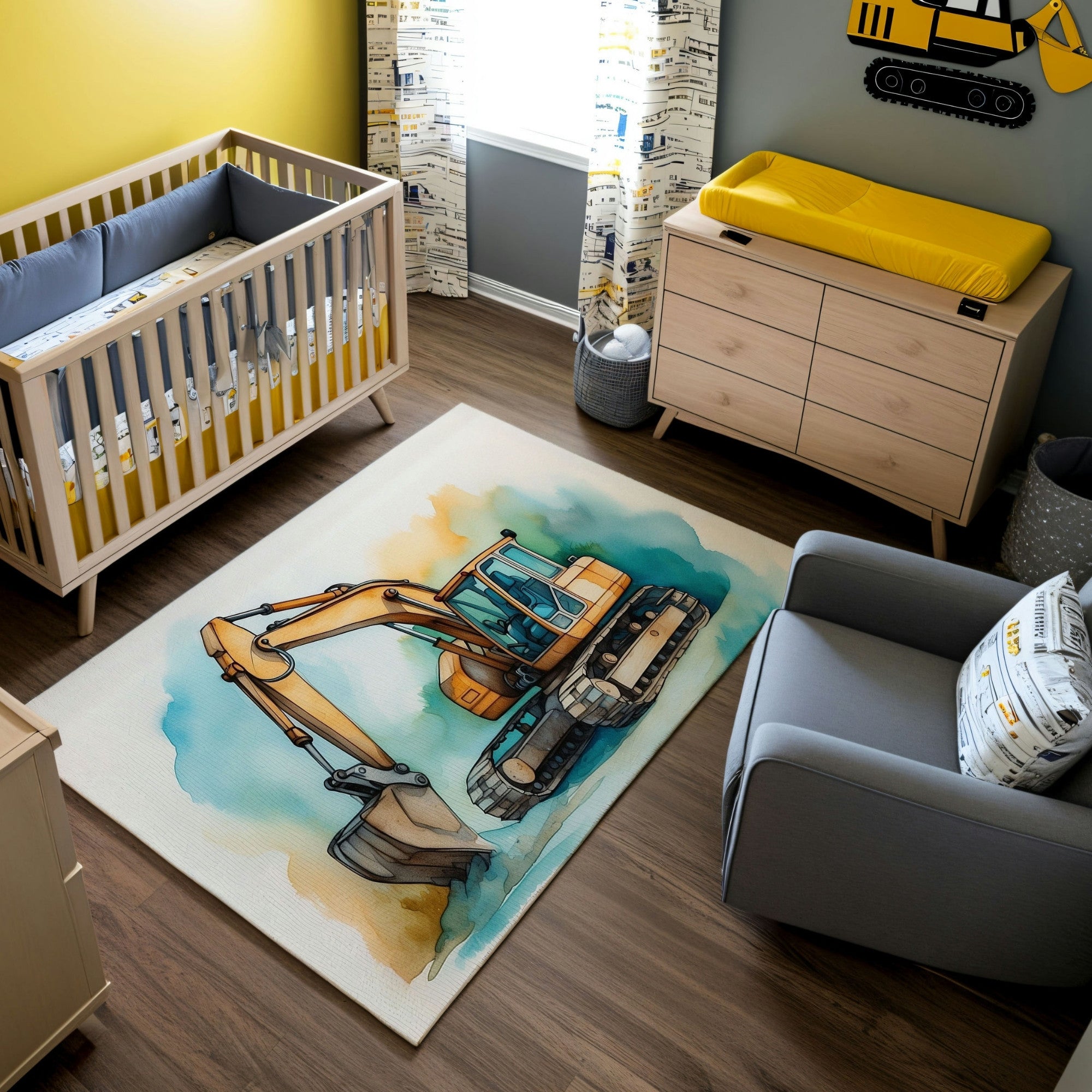 A construction-themed nursery with a wooden crib, dresser, and yellow accents, including a bright changing pad and curtains featuring construction vehicles. The room includes a gray armchair and a rug with a watercolor-style illustration of an excavator, detailed in shades of yellow, orange, and blue against a soft, abstract background.