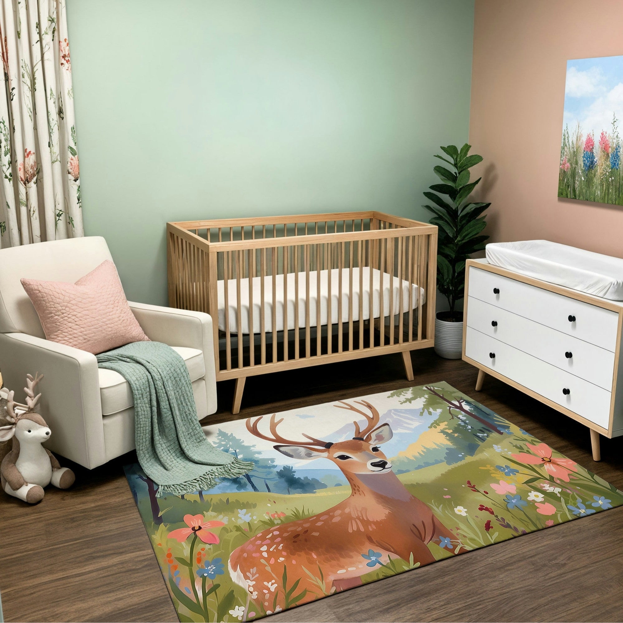 This image depicts a serene nursery with soft green walls and natural wood furniture, including a crib and dresser. The centerpiece is a colorful rug illustrating a majestic deer in a meadow surrounded by vibrant flowers and lush greenery, evoking a woodland theme. The decor is complemented by a cozy armchair and playful deer-themed accents, creating a tranquil and nature-inspired space for a child.