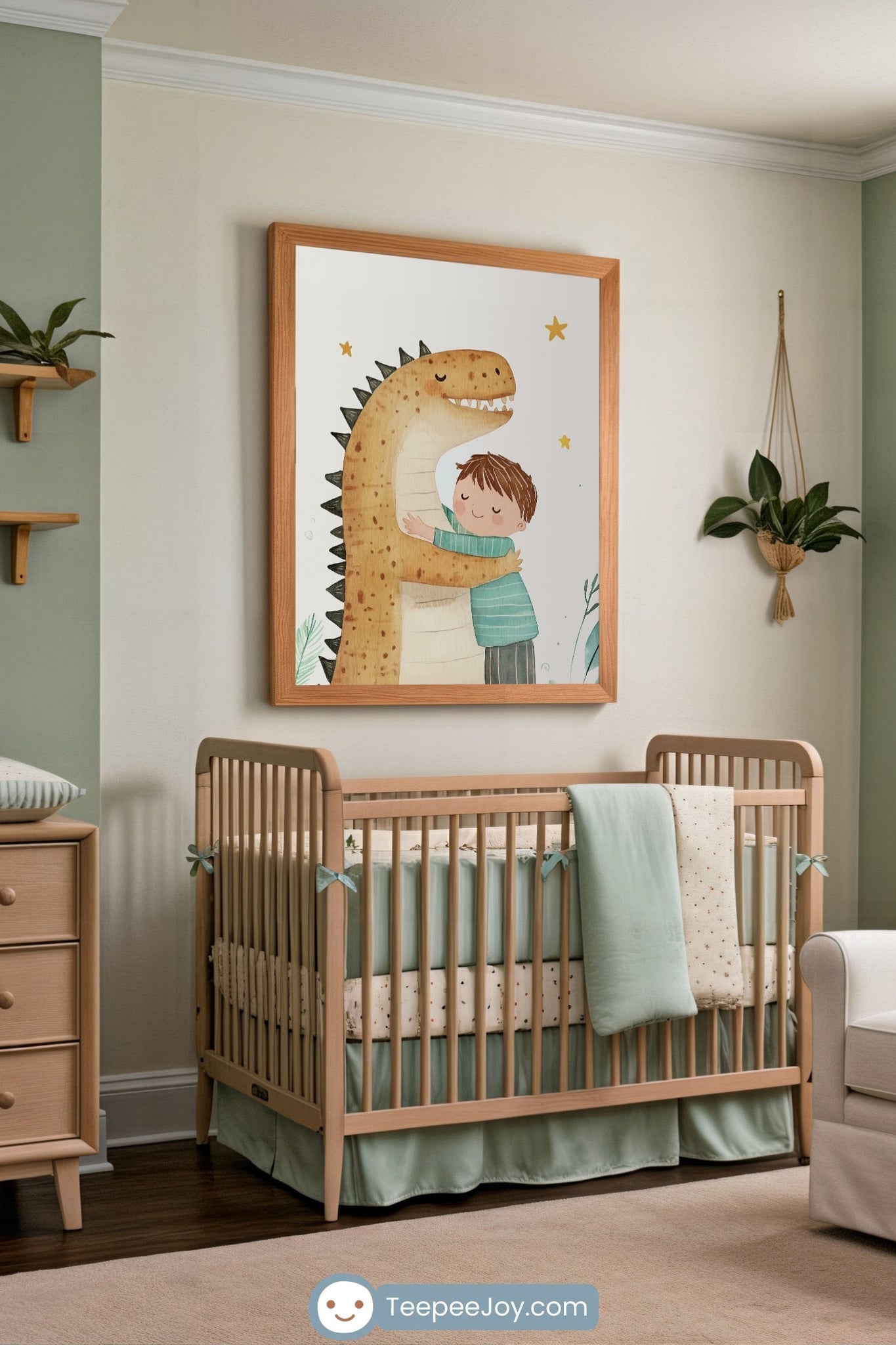 Warm, earth-toned nursery featuring a light wood crib with sage green and cream bedding, complemented by a framed wall art of a smiling boy hugging a friendly dinosaur against a white background with yellow stars. The room has soft, calming vibes with hanging plants and a cozy setup perfect for a little one.