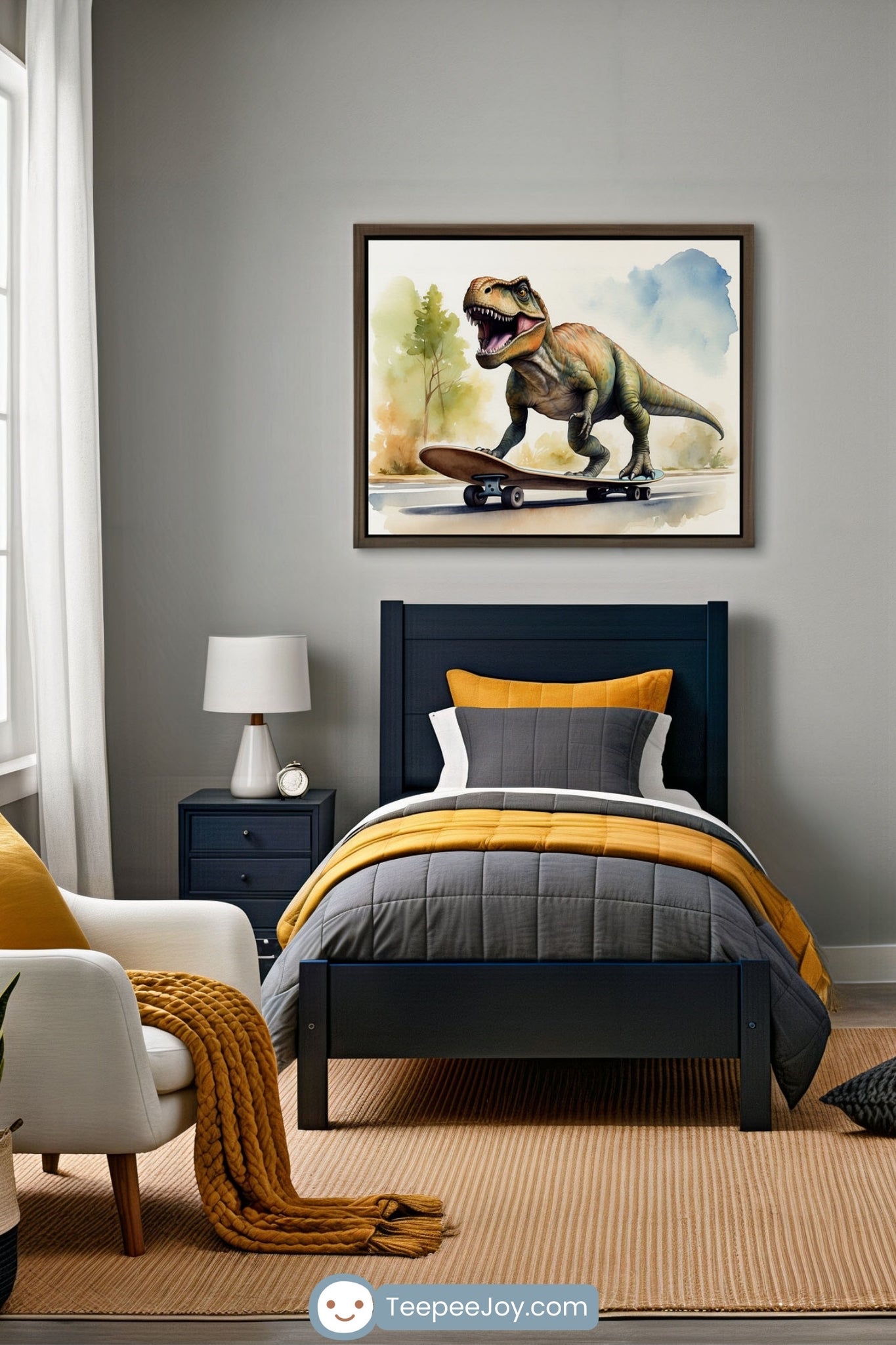 Stylish children's bedroom with a nature-inspired color scheme, featuring a rattan dresser and a cozy white armchair with an orange throw pillow and blanket. A framed artwork above the dresser showcases a playful watercolor illustration of a T-Rex surfing on a red-and-white striped surfboard, riding a wave with a dynamic stance. The room is decorated with green plants, a mustard yellow textured rug, and bedding in shades of teal and orange for a vibrant yet calming atmosphere.