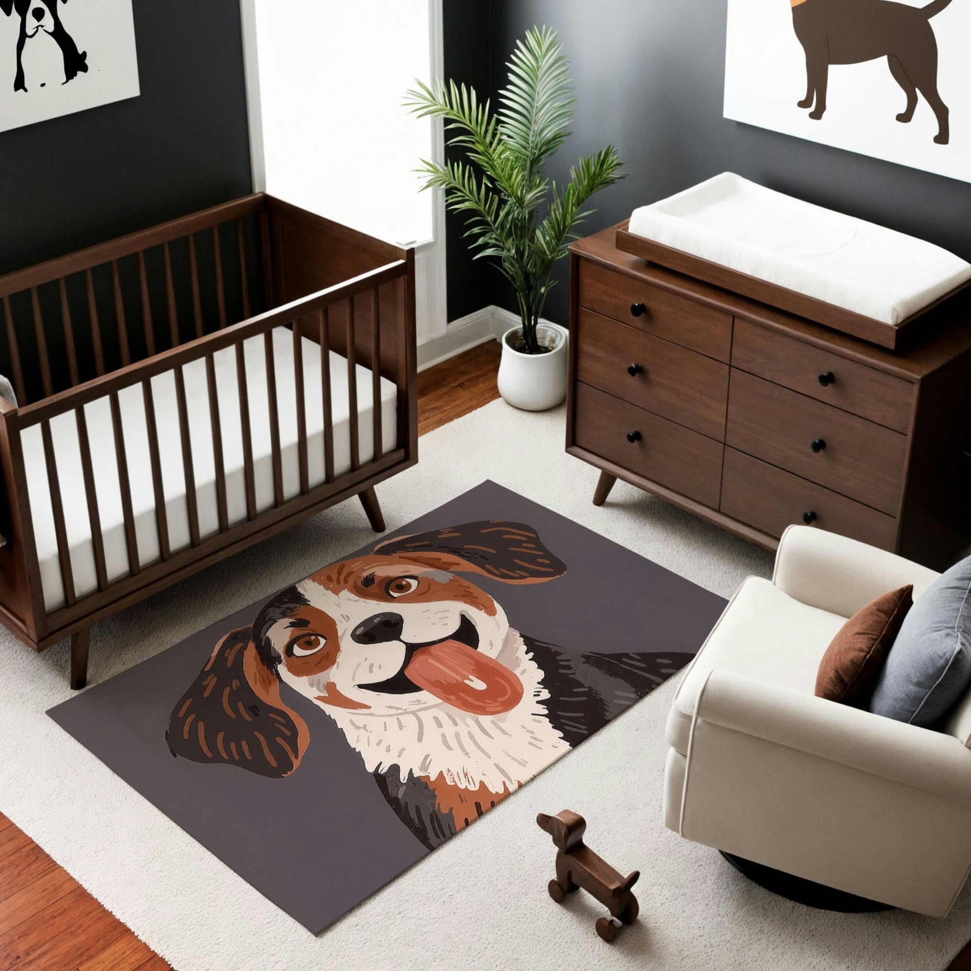 A modern nursery with a dark wood crib, matching dresser with a changing pad, and a white armchair featuring rust and gray accent pillows. The decor includes playful dog-themed wall art, a green potted plant, and a soft rug with an illustrated portrait of a happy dog with its tongue out. The room has a warm and inviting atmosphere, blending neutral tones with lively canine elements.