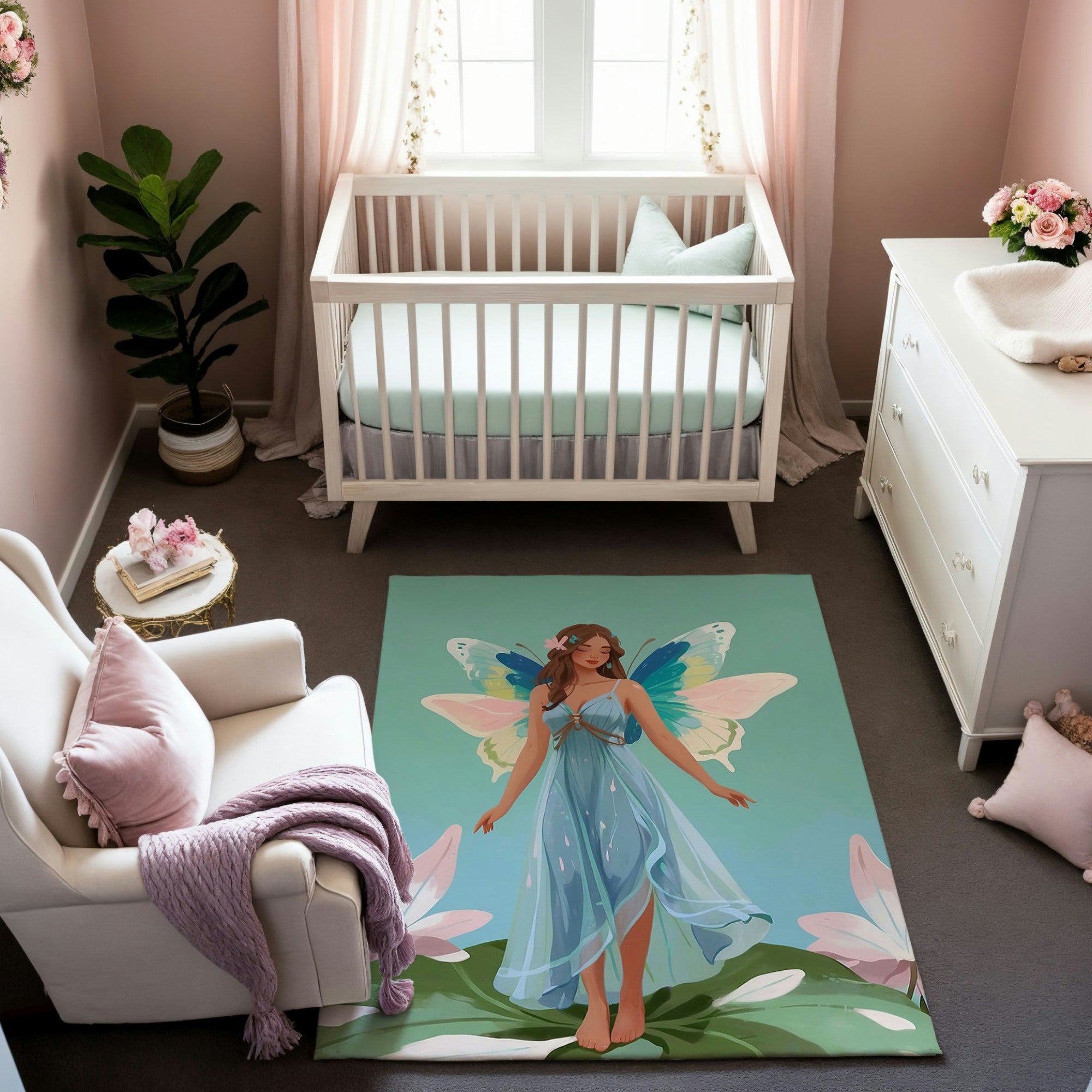 A whimsical nursery with soft pink walls, a white crib, and elegant decor including floral arrangements and a cozy armchair draped with a lavender throw blanket. The centerpiece is a vibrant rug featuring an illustration of a graceful fairy with butterfly wings, wearing a flowing blue dress, standing amidst oversized flowers. The room exudes a magical, serene atmosphere.