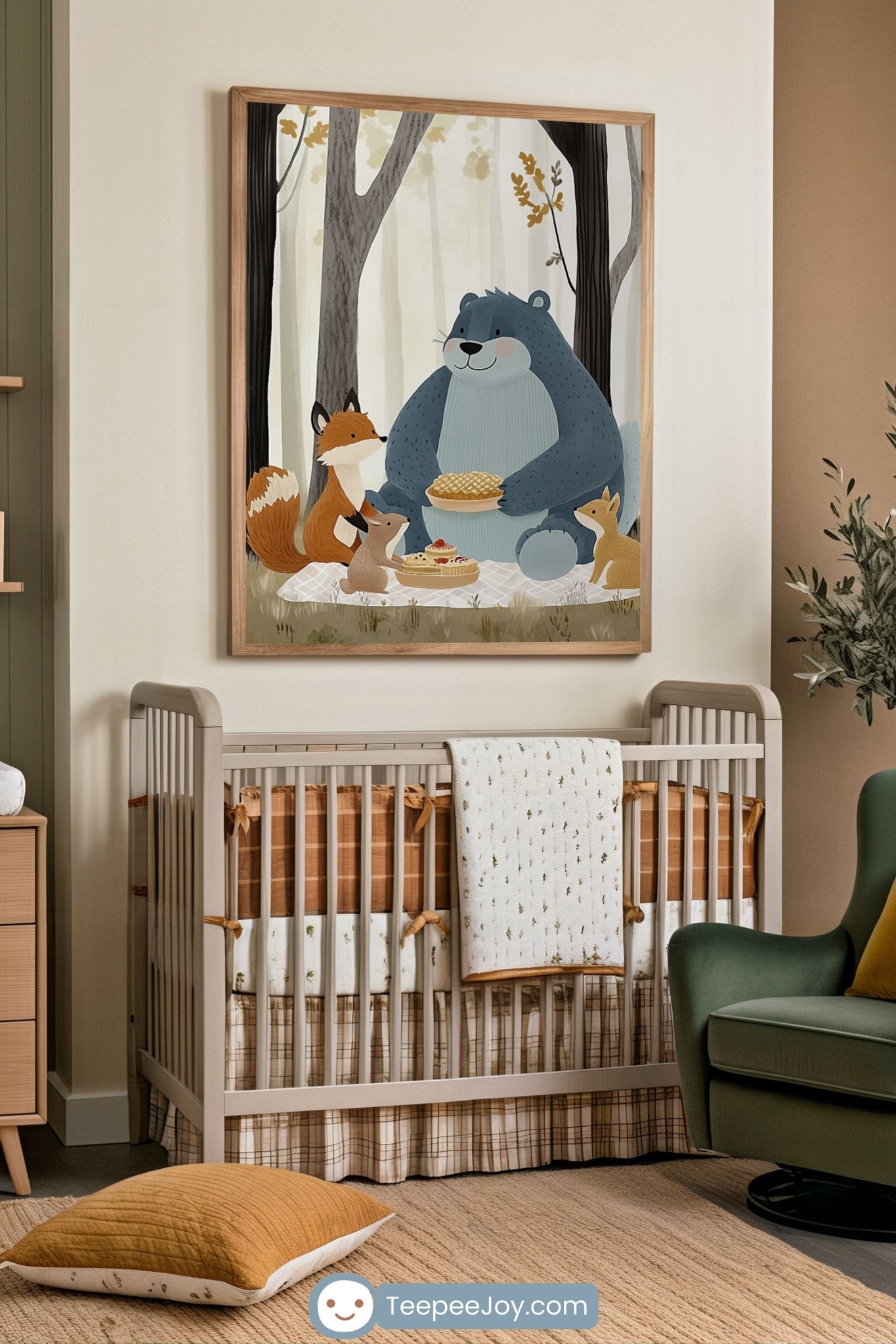 Forest-themed nursery with earthy tones, featuring a framed illustration of a bear, fox, bunny, and deer sharing pies on a picnic blanket in the woods. The room includes a light wood crib with burnt orange and cream bedding, a green armchair, and a soft tan area rug with a matching floor pillow.