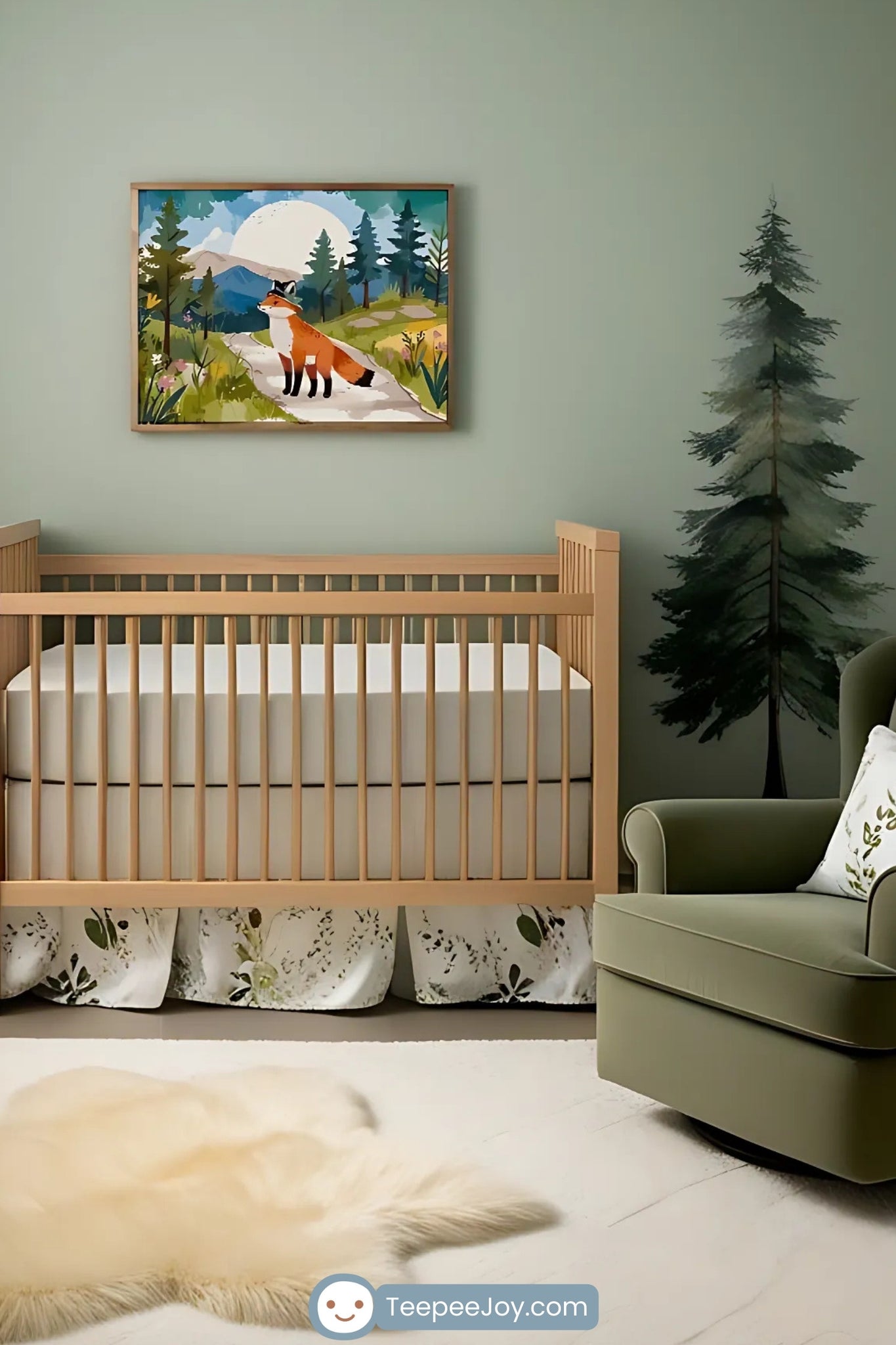 A nature-themed nursery with sage green walls, featuring a framed fox illustration above a wooden crib. The room is decorated with tree decals, a cozy armchair, a soft cream-colored rug shaped like an animal hide, and a wooden dresser with a changing station. Shelves with books and baskets add a functional yet charming touch.