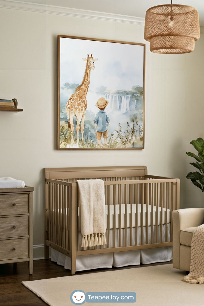 Light and airy nursery featuring a natural wood crib with a cream knit blanket draped over the side and a soft beige rug underfoot. Above the crib hangs a whimsical framed print of a young child in a sun hat and blue shirt standing beside a tall giraffe, both gazing at a distant waterfall surrounded by misty greenery. The space is styled with earthy tones, a wooden dresser, woven pendant light, and a leafy potted plant for a gentle safari-themed vibe.
